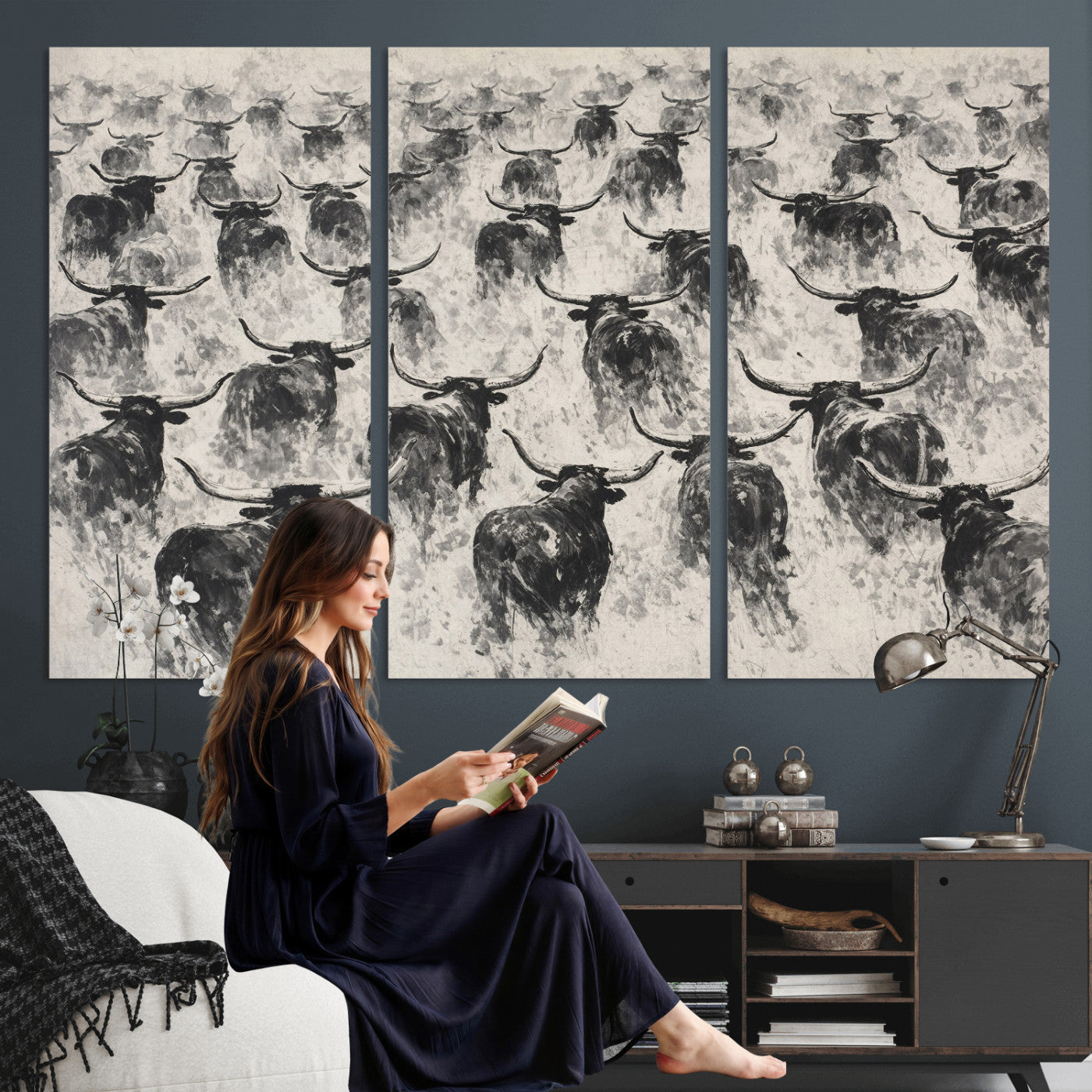 73328525-MGV-CV-36X24 - Texas Longhorn Drawing Canvas Wall Art, Western Cattle Stampede Painting Print, Warm Amber Ranch Decor, Rustic Cowboy Home Art, Large Living Room Decor