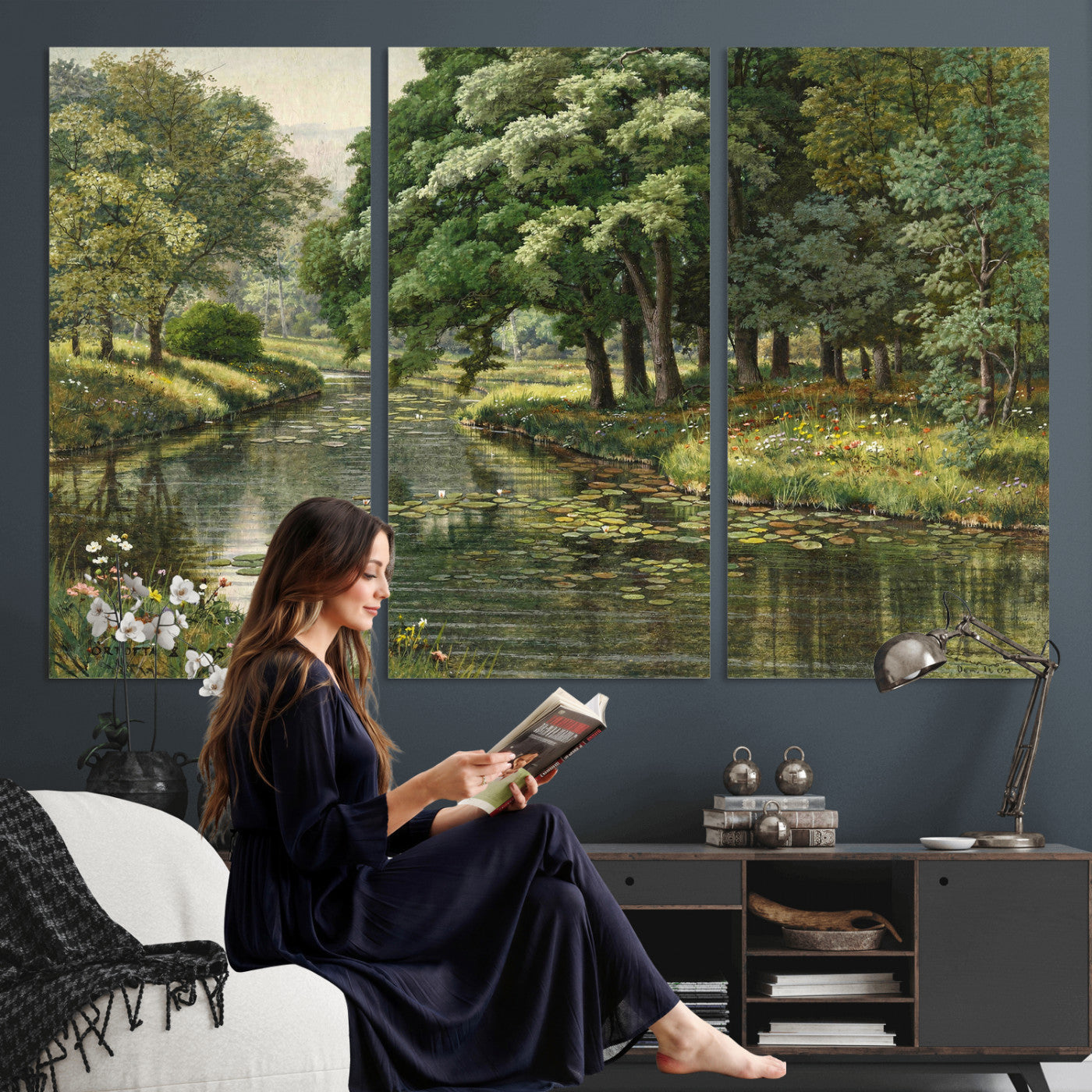 44288560-MGV-CV-36X24 - Forest Stream Canvas Wall Art, Peder Monsted A Forest Stream 1905 Print, Danish Realist Landscape, Lily Pad River Nature Decor, Vintage Green Painting