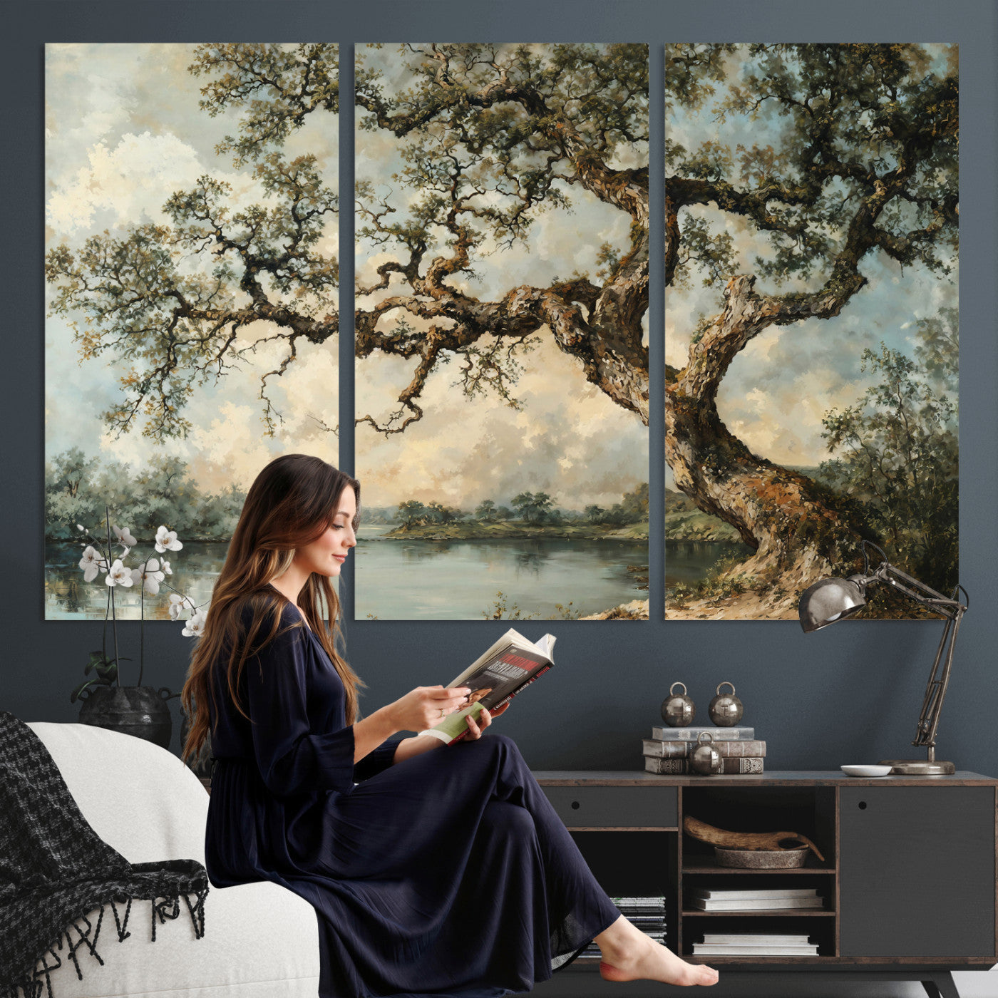 63857726-MGV-CV-36X24 - Old Oak Tree Canvas Wall Art, Turner Inspired Romantic Landscape Print, Vintage Nature Painting, Living Room Wall Decor, Antique Style Tree Art