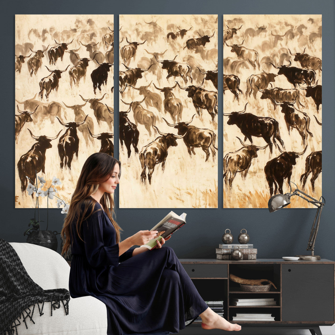 39077774-MGV-CV-36X24 - Texas Longhorn Sepia Canvas Wall Art, Western Cattle Stampede Painting Print, Warm Amber Ranch Decor, Rustic Cowboy Home Art, Large Living Room Decor