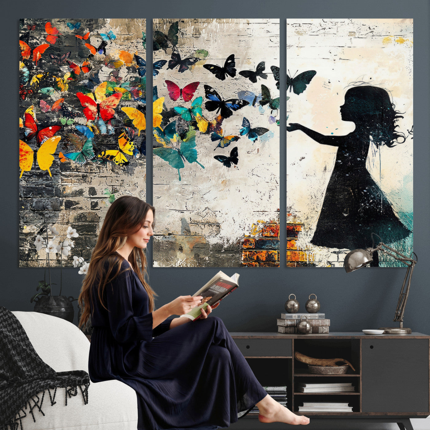 33909022-MGV-CV-36X24 - Banksy Butterfly Girl Wall Art Canvas Print, Framed Street Art Silhouette Graffiti Artwork, Colorful Butterfly Wall Decor for Living Room Bedroom Office