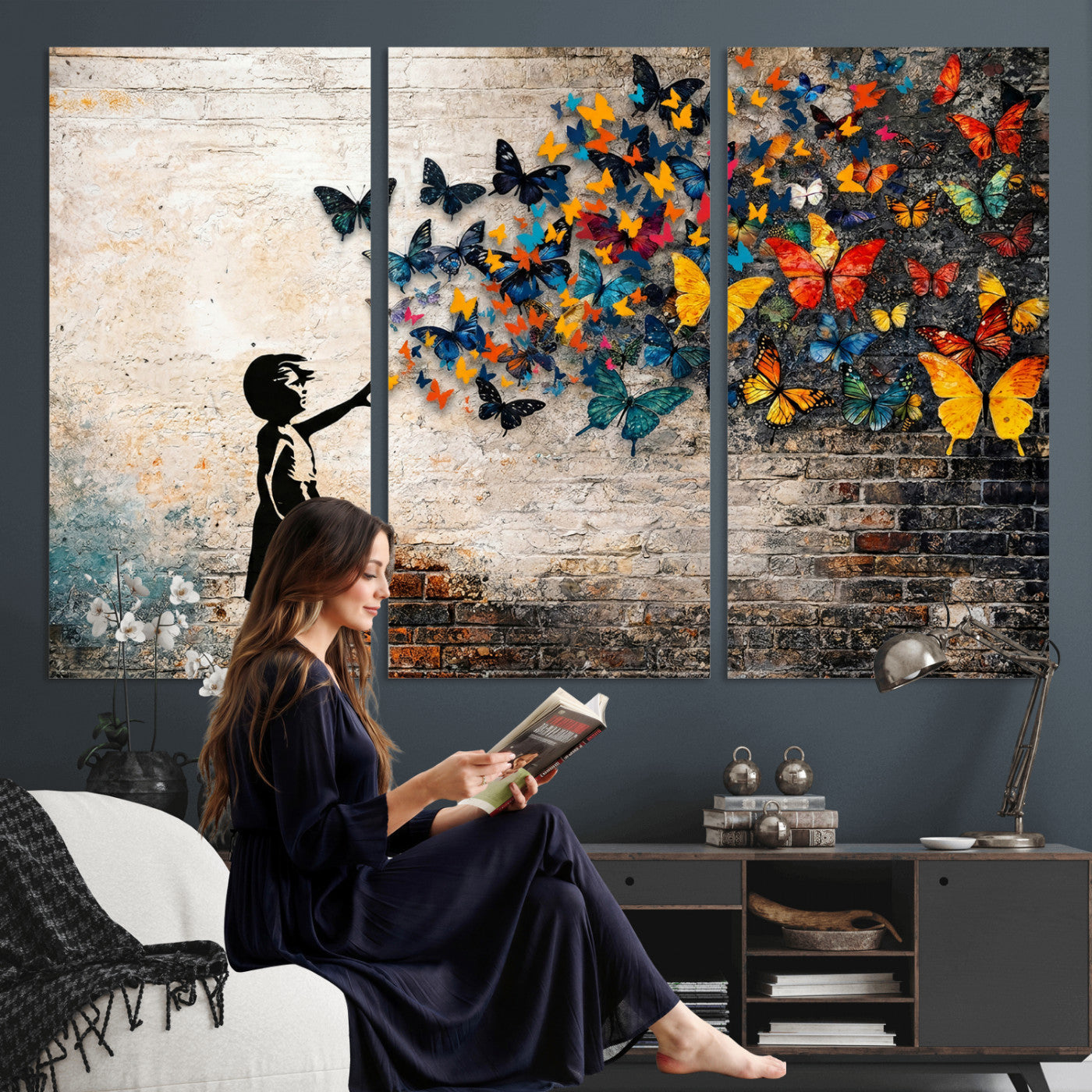 78760384-MGV-CV-36X24 - Banksy Graffiti Butterfly Girl Wall Art Canvas Print, Framed Street Art Canvas Print, Silhouette Butterfly Wall Art for Living Room Bedroom Office