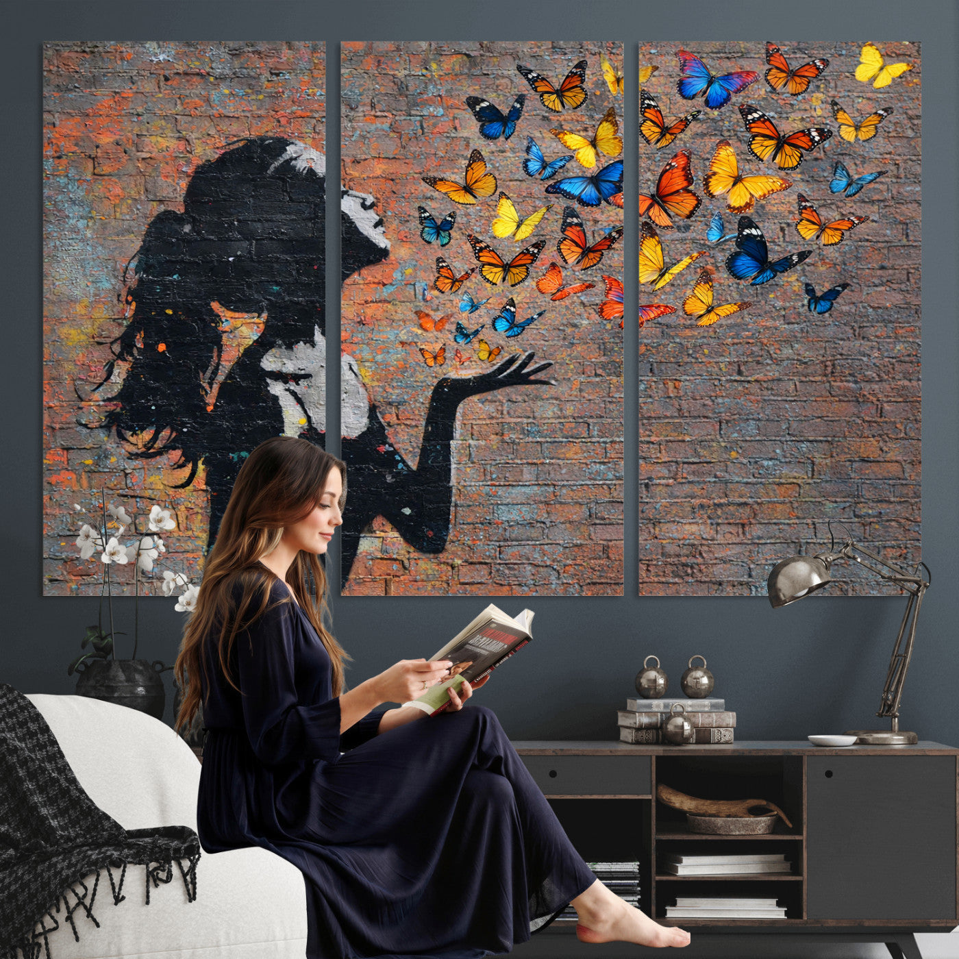 10555939-MGV-CV-36X24 - Urban Banksy Butterfly Girl Wall Art Canvas Print, Framed Street Art Canvas Print, Graffiti Silhouette Butterfly Wall Art for Living Room Bedroom Office