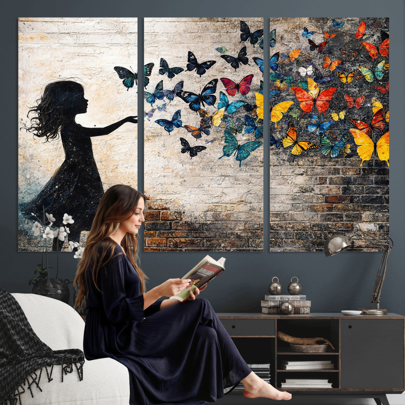 70522594-MGV-CV-36X24 - Banksy Butterfly Girl Wall Art Canvas Print, Framed Street Art Canvas Print, Graffiti Silhouette Butterfly Wall Art for Living Room Bedroom Office