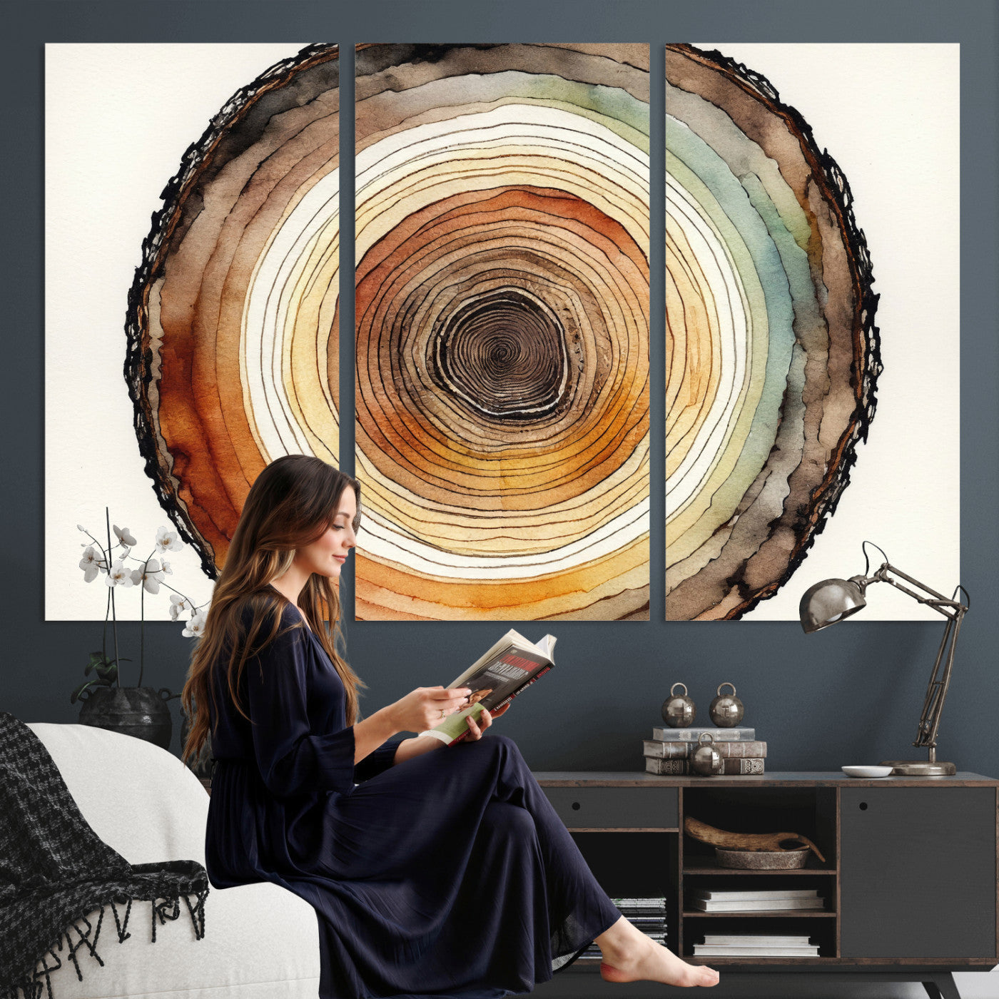 13719680-MGV-CV-36X24 - Natural Wood Slice Wall Art Canvas Print, Tree Ring Wall Art, Framed Abstract Nature Wall Decor, Earth Tone Statement Canvas Print