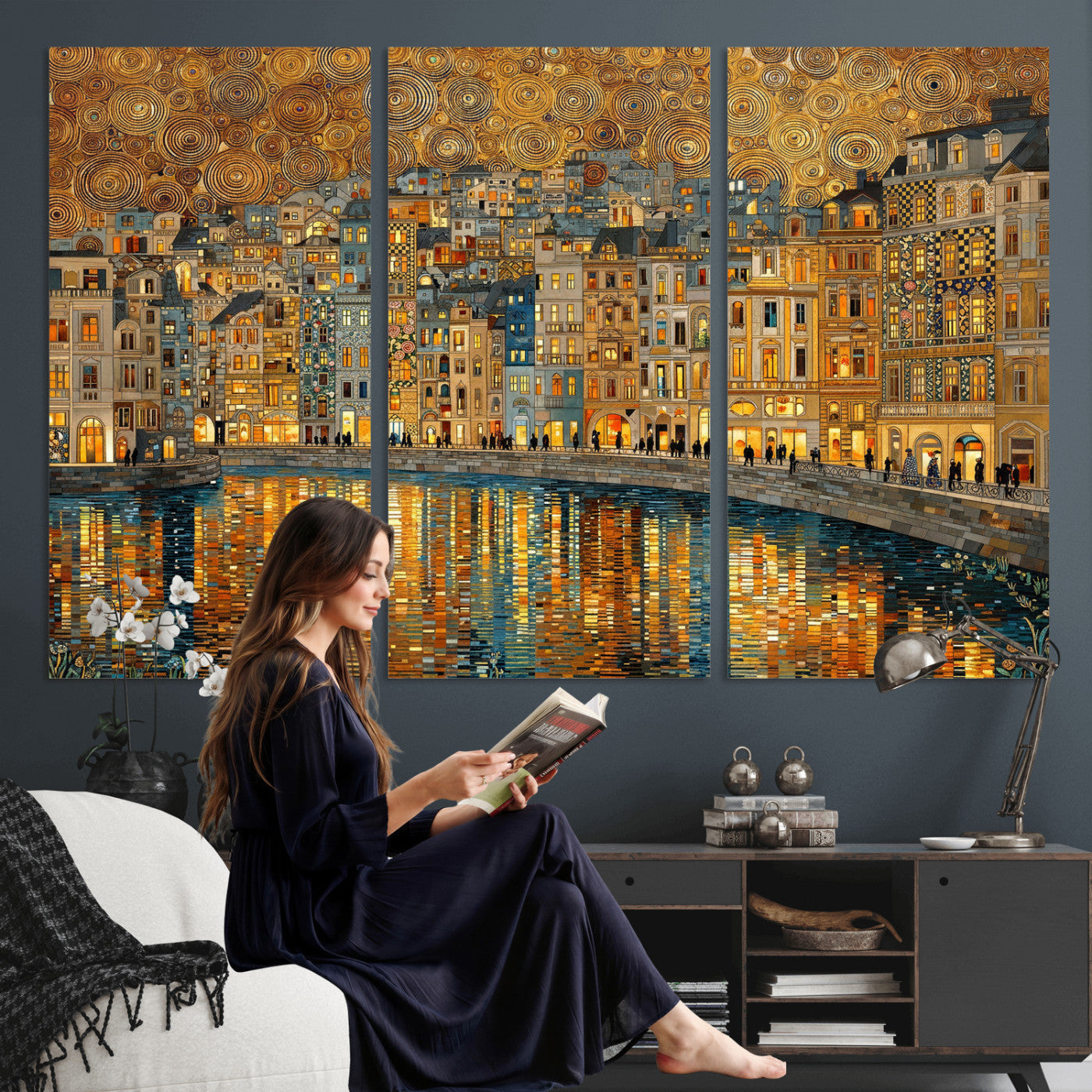 94022787-MGV-CV-36X24 - Gustav Klimt Golden Cityscape Wall Art Canvas Print, Framed River Town Landscape Artwork, Ornate Architecture Wall Decor for Living Room Bedroom Office