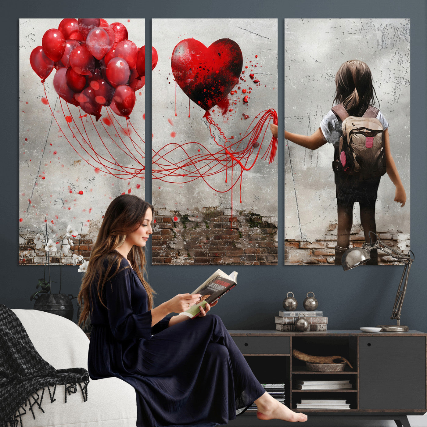 2162830T-MGV-CV-36X24 - Girl Graffiti Wall Art Canvas Print, Red Balloon Heart Street Art, Urban Love Artwork for Living Room Bedroom Hallway Office, Modern Abstract Canvas Wall Decor Home Decor