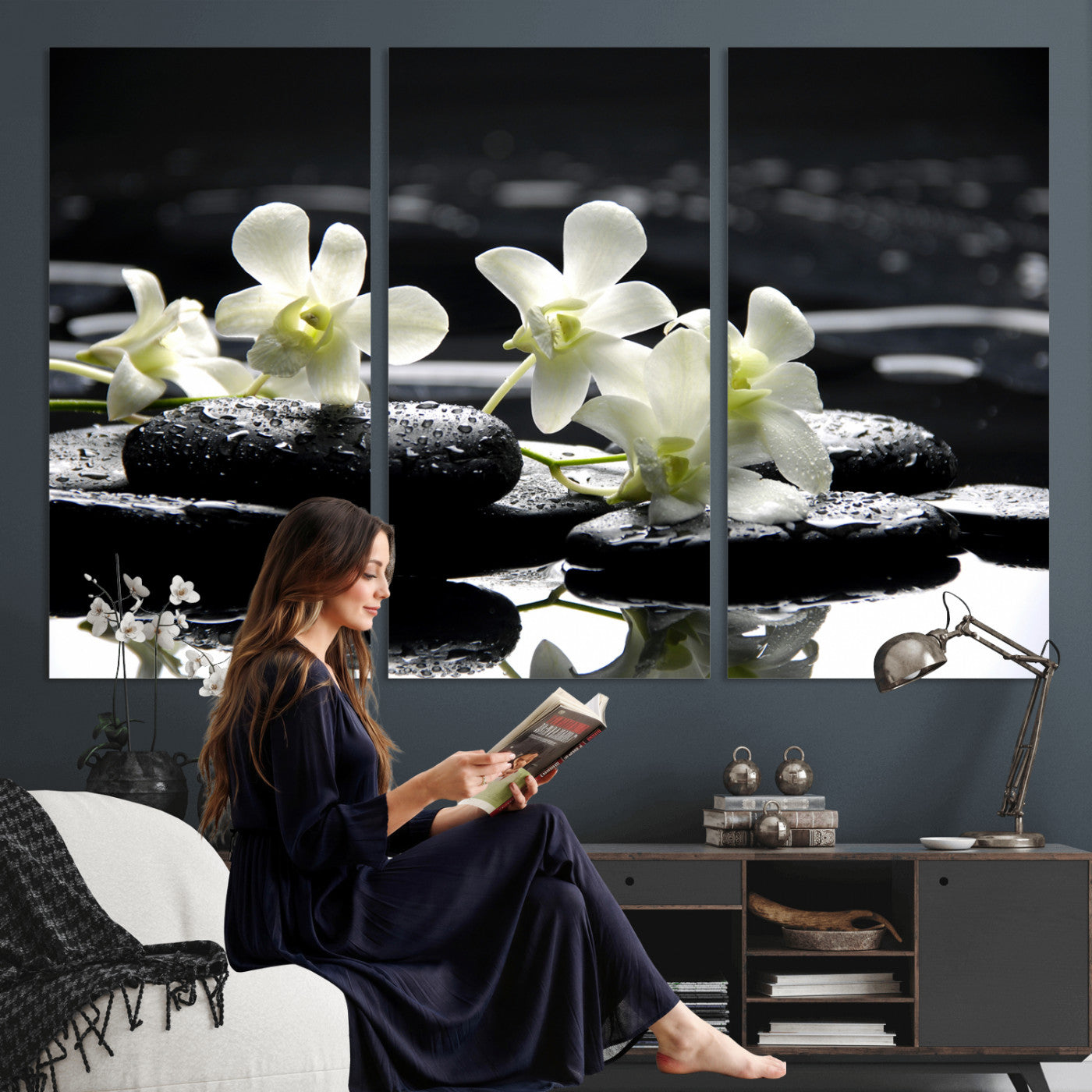 79486206-MGV-CV-36X24 - Plumeria Frangipani Black Stone Canvas | White Flower Spa Photography Print | Tropical Zen Wall Art | Grey Pebble Floral for Meditation Room Decor