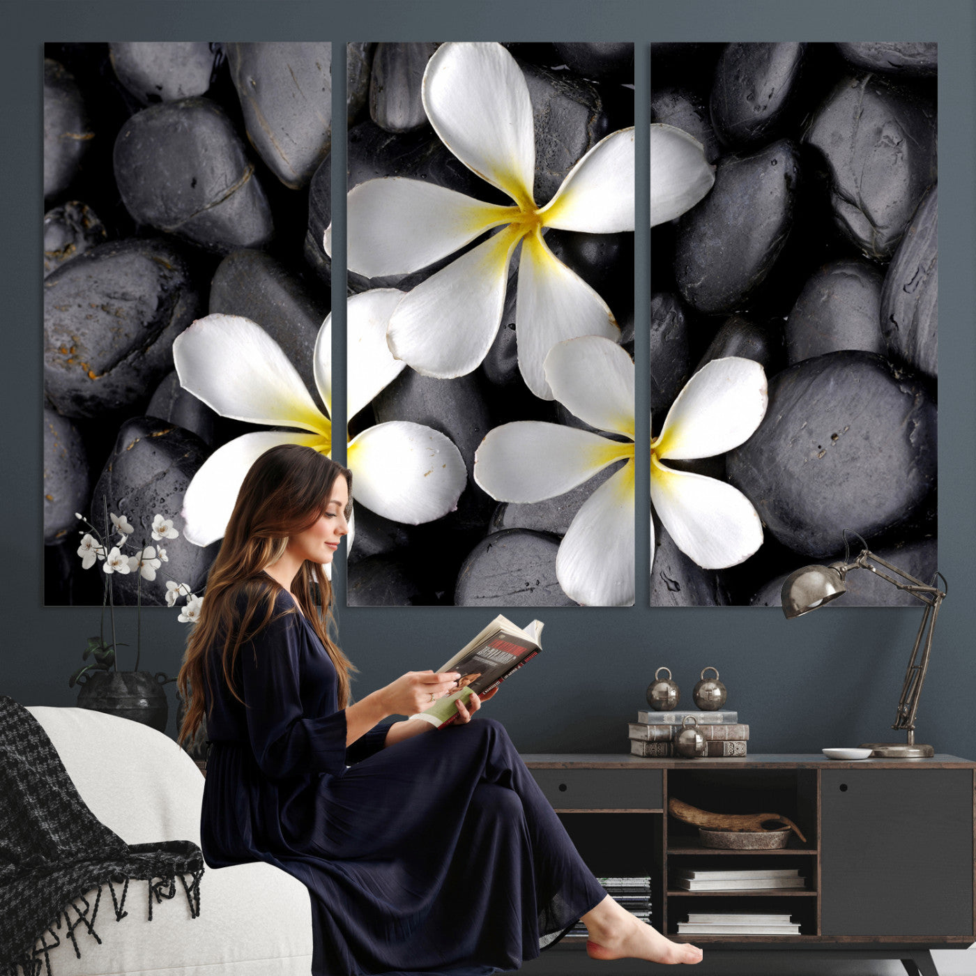 43639613-MGV-CV-36X24 - Plumeria Frangipani Black Stone Canvas | White Flower Spa Photography Print | Tropical Zen Wall Art | Grey Pebble Floral Decor