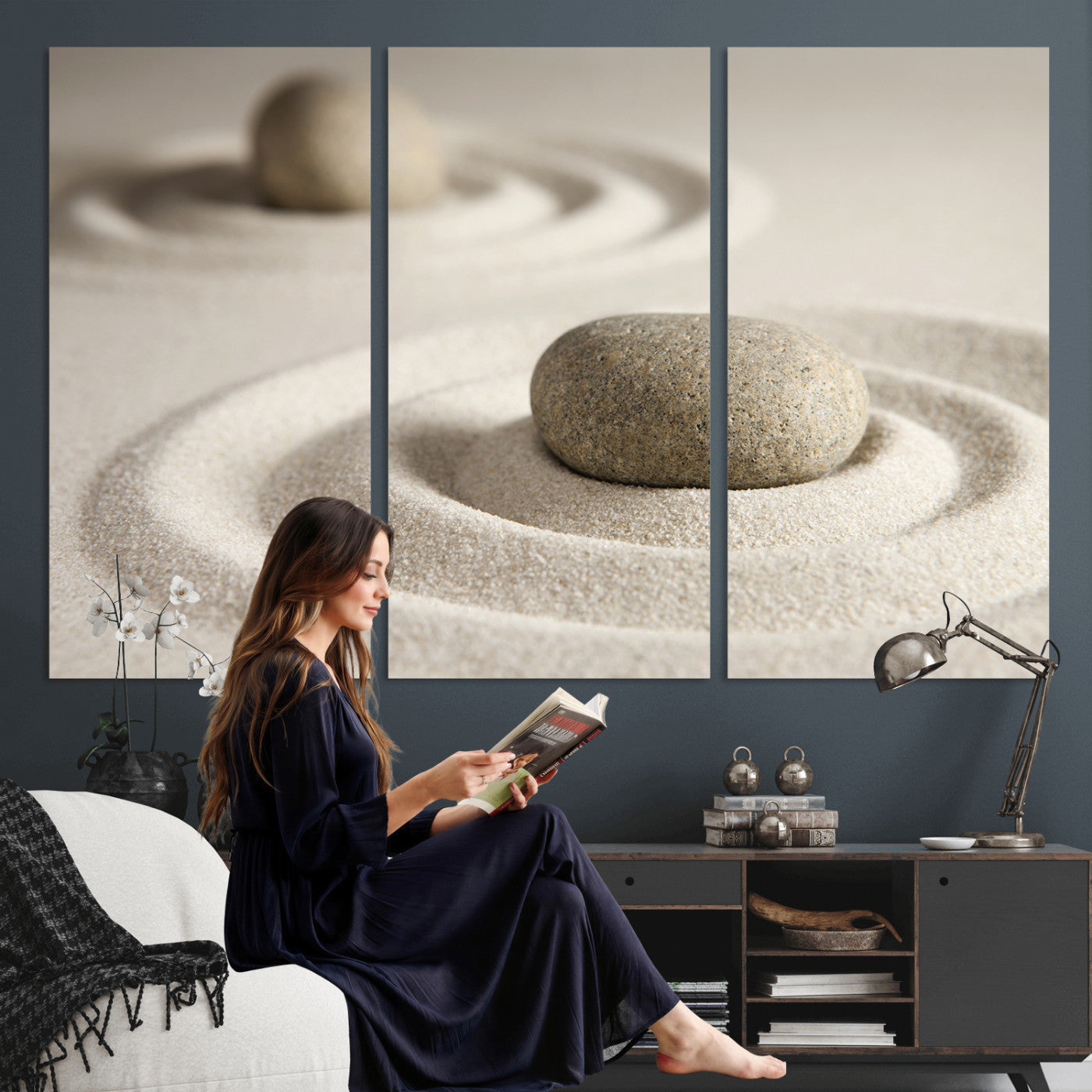 13397966-MGV-CV-36X24 - Zen Garden Stone Sand Canvas | Japanese Rock Garden Wall Art | Minimalist Meditation Print | Neutral Beige Mindfulness Decor