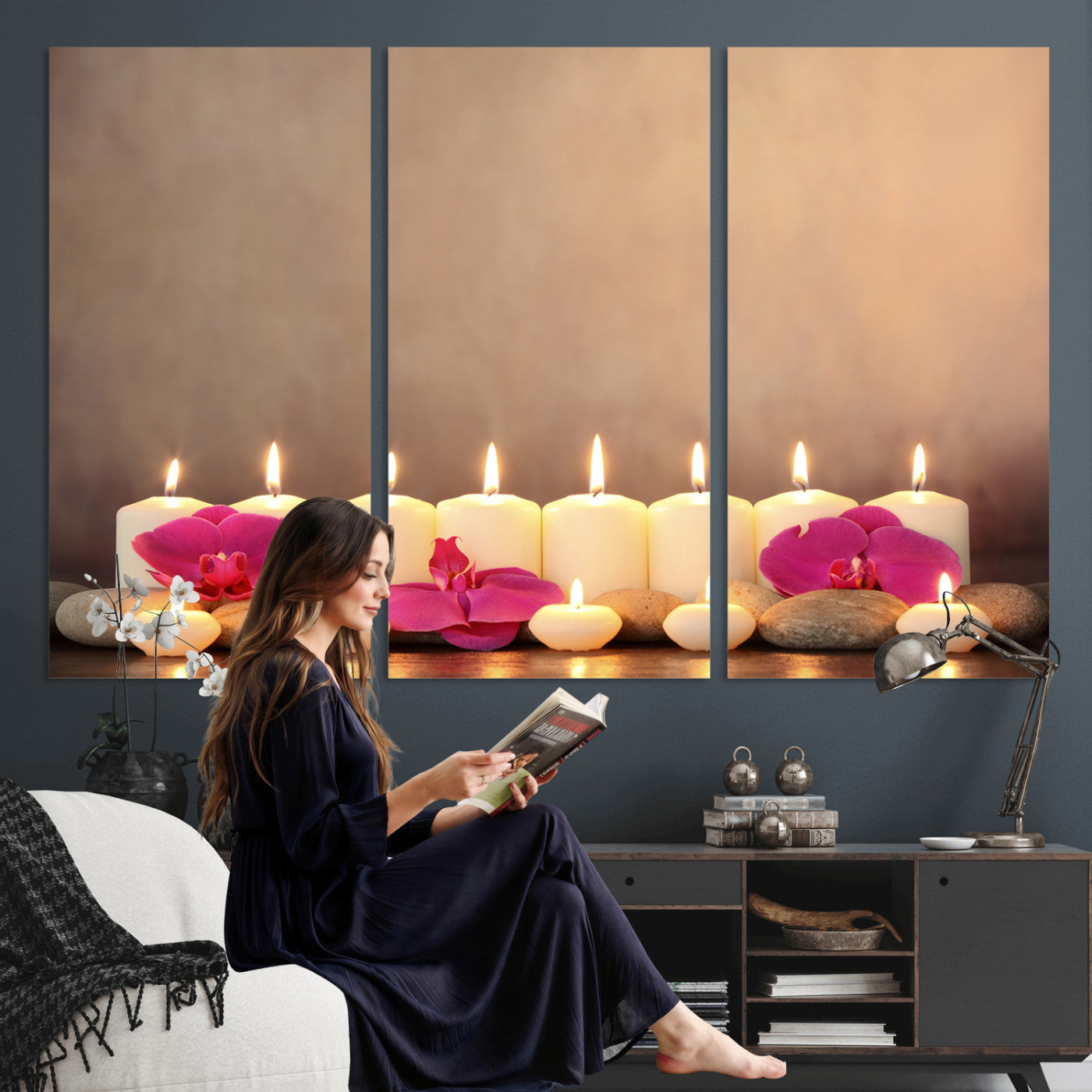 59470569-MGV-CV-36X24 - Spa Candles Orchid Canvas Print | Zen Wellness Relaxation Wall Art | Pink Flower Candlelight Bathroom Decor | Calm Beige Photography