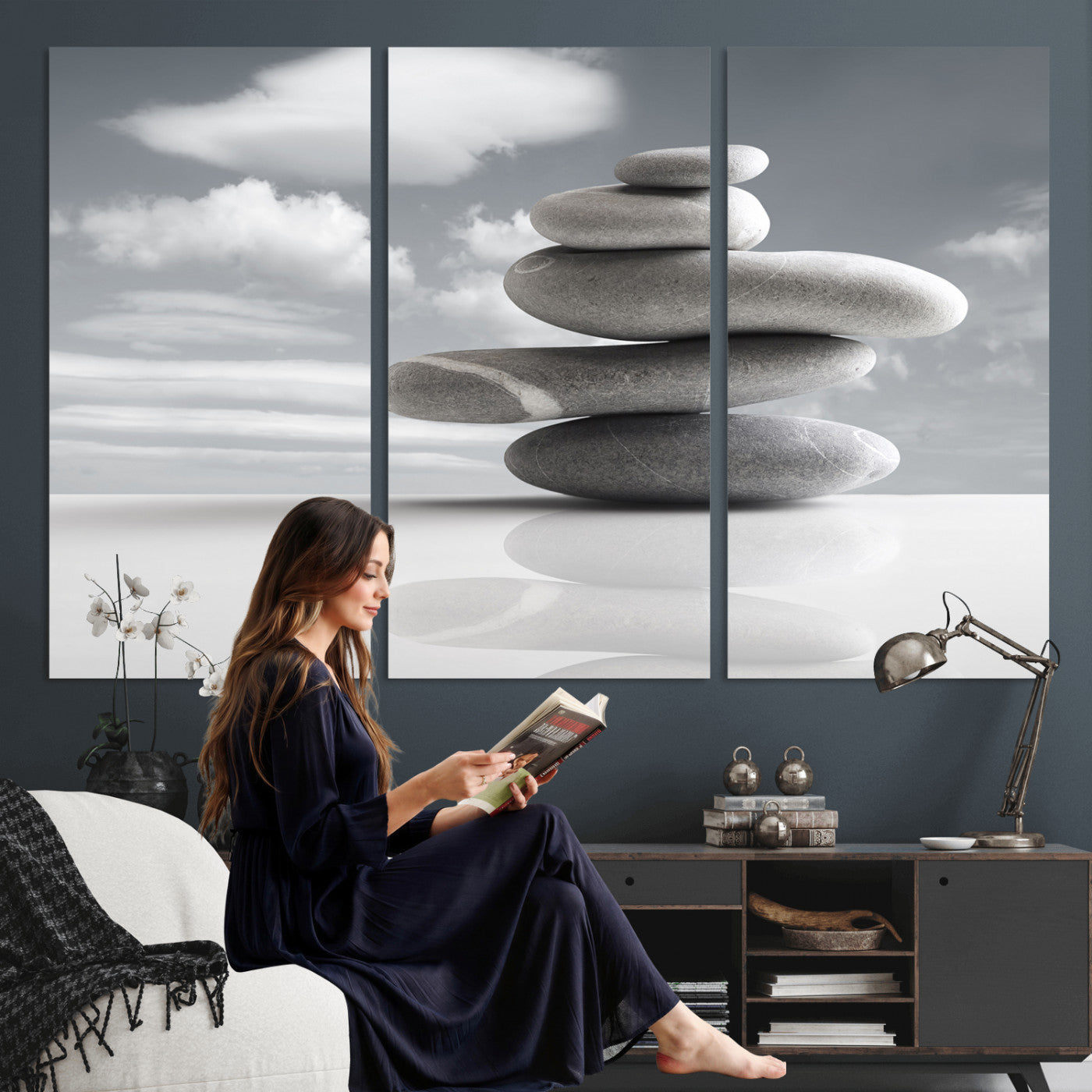 86426188-MGV-CV-36X24 - Zen Stone Wall Art Canvas Print, Balanced Rock Stack Framed Spa Artwork, Minimalist Meditation Decor for Living Room Bedroom Office Bathroom