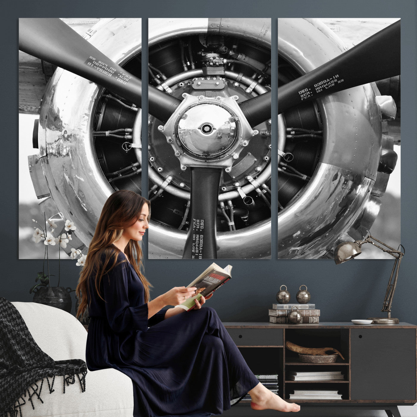 73322230-MGV-CV-36X24 - Vintage Propeller Plane Wall Art Canvas Print, Black and White Airplane Engine Close Up Framed Aviation Artwork for Pilot Office Hangar Decor