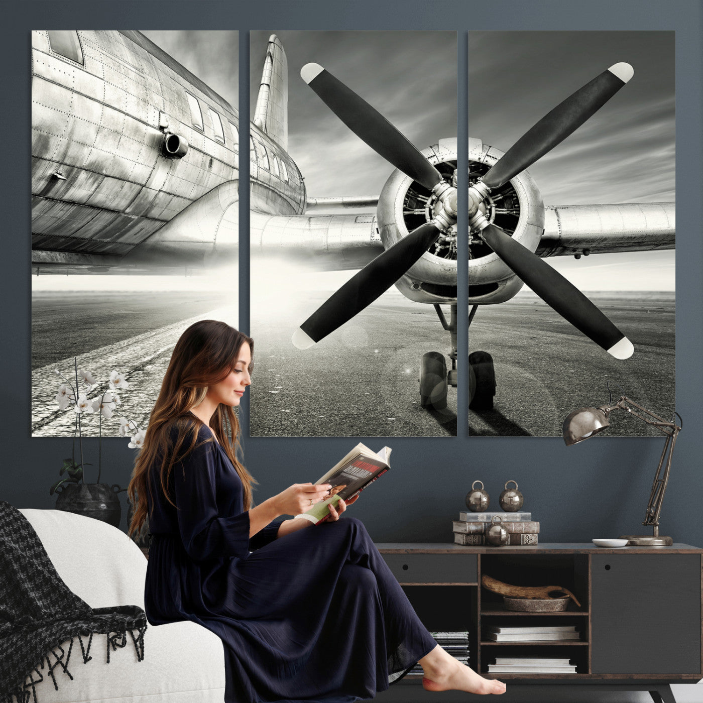 16420255-MGV-CV-36X24 - Vintage Airplane Wall Art Canvas Print, Black and White Propeller Aircraft Framed Aviation Artwork for Pilot Office Hangar Living Room Decor