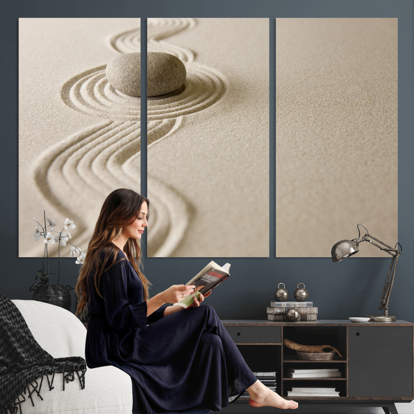 66852661-MGV-CV-36X24 - Zen Garden Stone Sand Canvas | Japanese Rock Garden Wall Art | Minimalist Meditation Print | Neutral Beige Mindfulness Decor
