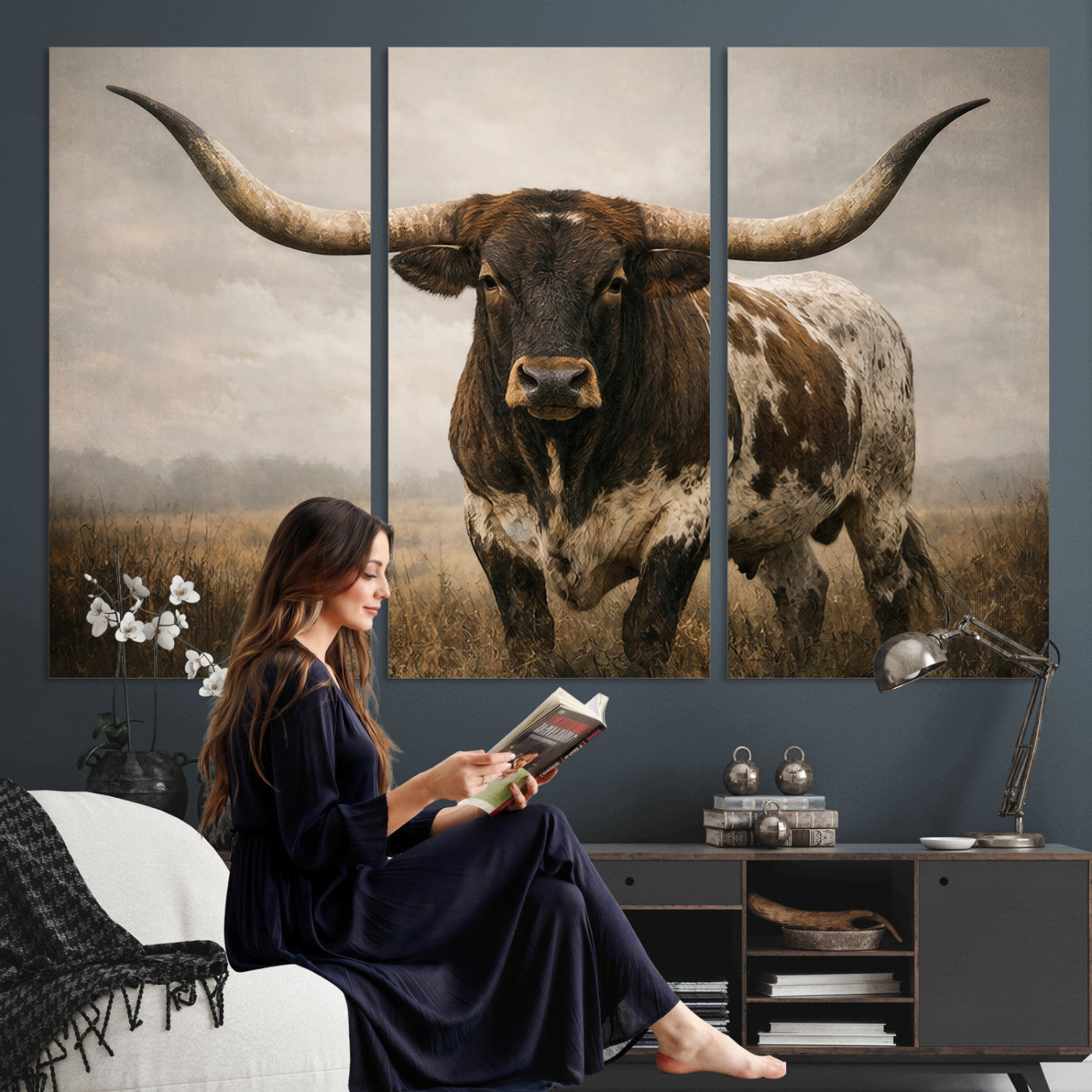 17622011L-MGV-CV-36X24 - Longhorn Bull Wall Art Canvas Print, Western Farmhouse Cowboy Decor, Rustic Texas Ranch Cattle Artwork for Living Room Bedroom Office, Framed Wall Decor