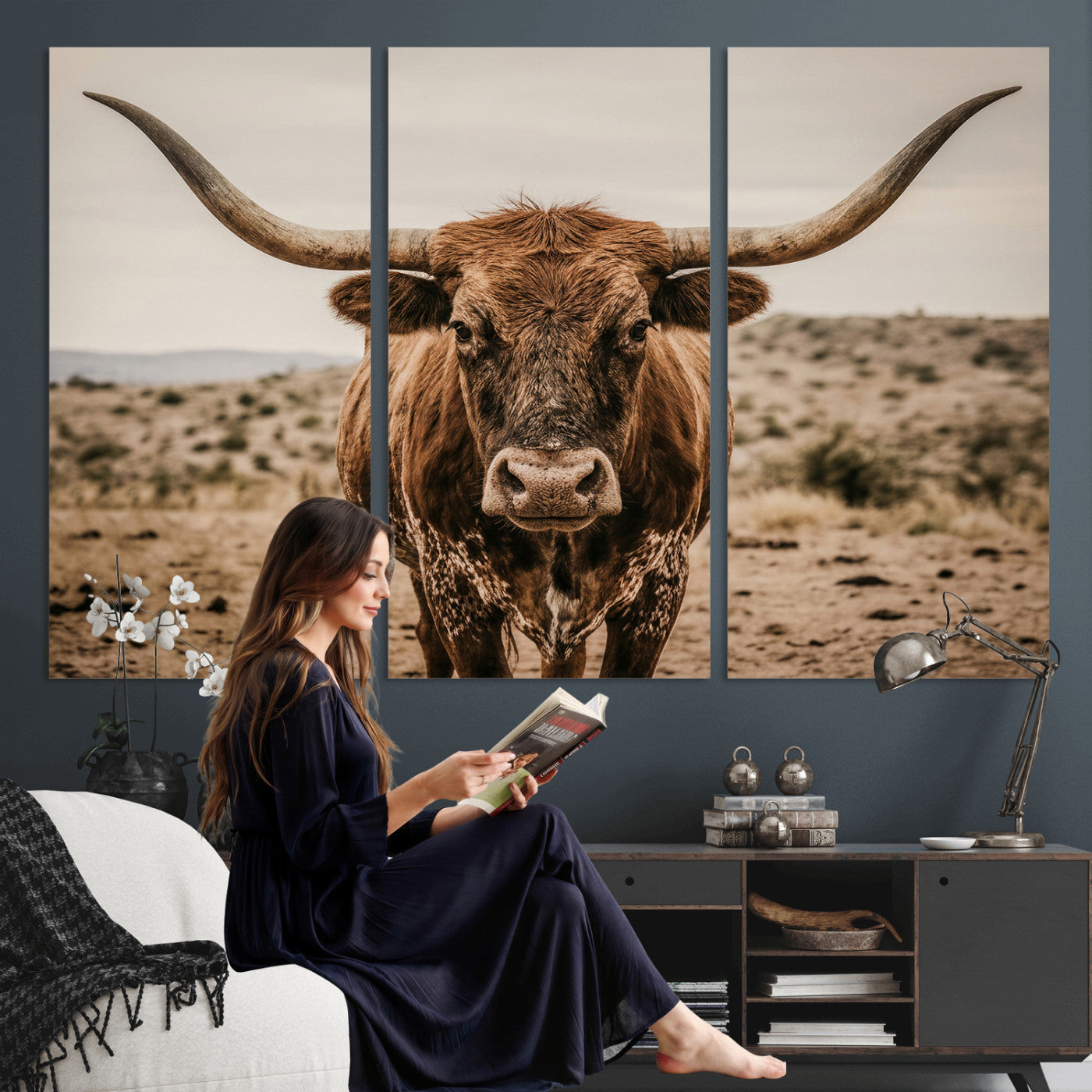 17622011K-MGV-CV-36X24 - Texas Longhorn Bull Wall Art Canvas Print, Western Farmhouse Cowboy Decor, Rustic Texas Ranch Cattle Artwork for Living Room Bedroom Office, Framed Wall Decor
