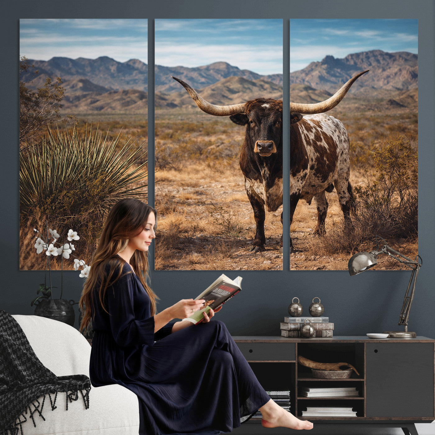 17622011S-MGV-CV-36X24 - Texas Longhorn Bull Wall Art Canvas Print, Western Farmhouse Cowboy Decor, Rustic Texas Ranch Cattle Artwork for Living Room Bedroom Office, Framed Wall Decor