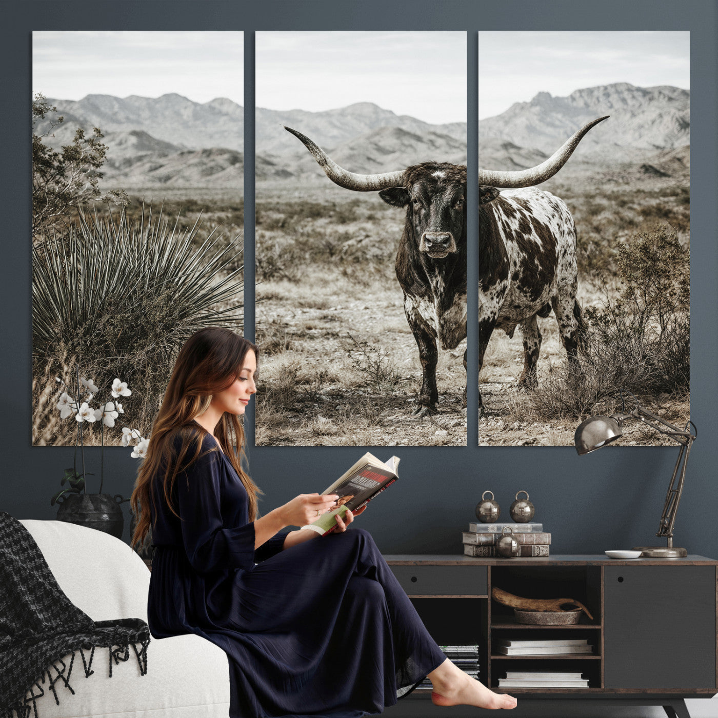 17622011H-MGV-CV-36X24 - Texas Longhorn Bull Wall Art Canvas Print, Western Farmhouse Cowboy Decor, Rustic Texas Ranch Cattle Artwork for Living Room Bedroom Office, Framed Wall Decor