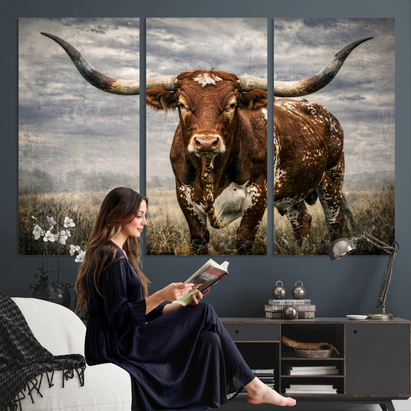 14372769-MGV-CV-36X24 - Texas Longhorn Canvas Wall Art Western Bull Desert Moody Grey Overcast Rustic Farmhouse Framed Large for Living Room Bedroom Office Decor