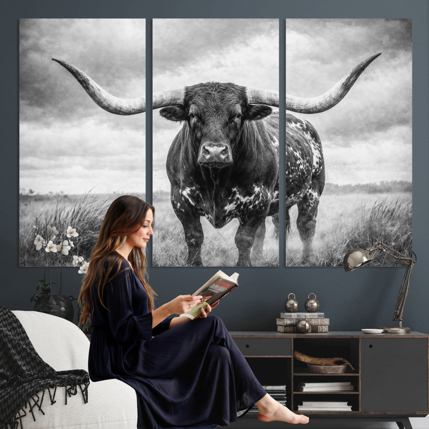 19951238-MGV-CV-36X24 - Texas Longhorn Canvas Wall Art Western Bull Desert Moody Grey Overcast Rustic Farmhouse Framed Large for Living Room Bedroom Office Decor