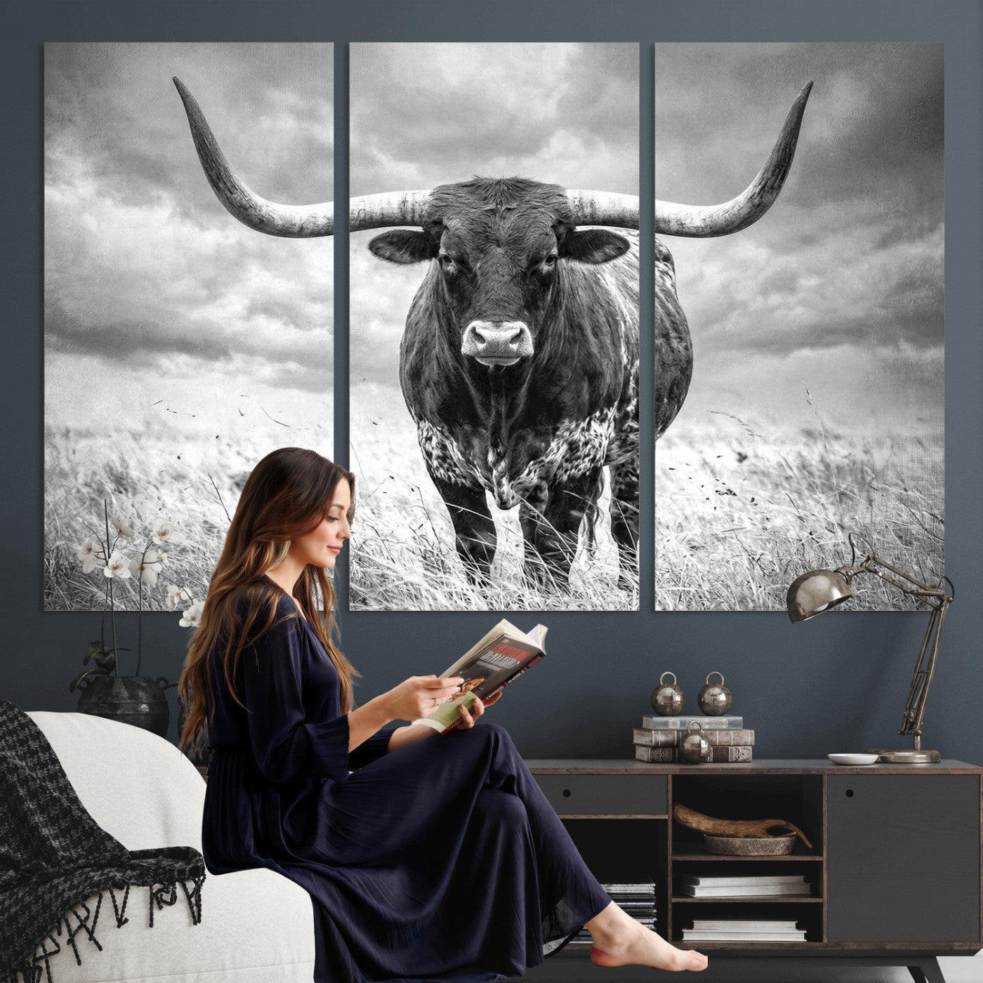 63336115-MGV-CV-36X24 - Texas Longhorn Canvas Wall Art Western Bull Desert Moody Grey Overcast Rustic Farmhouse Framed Large for Living Room Bedroom Office Decor