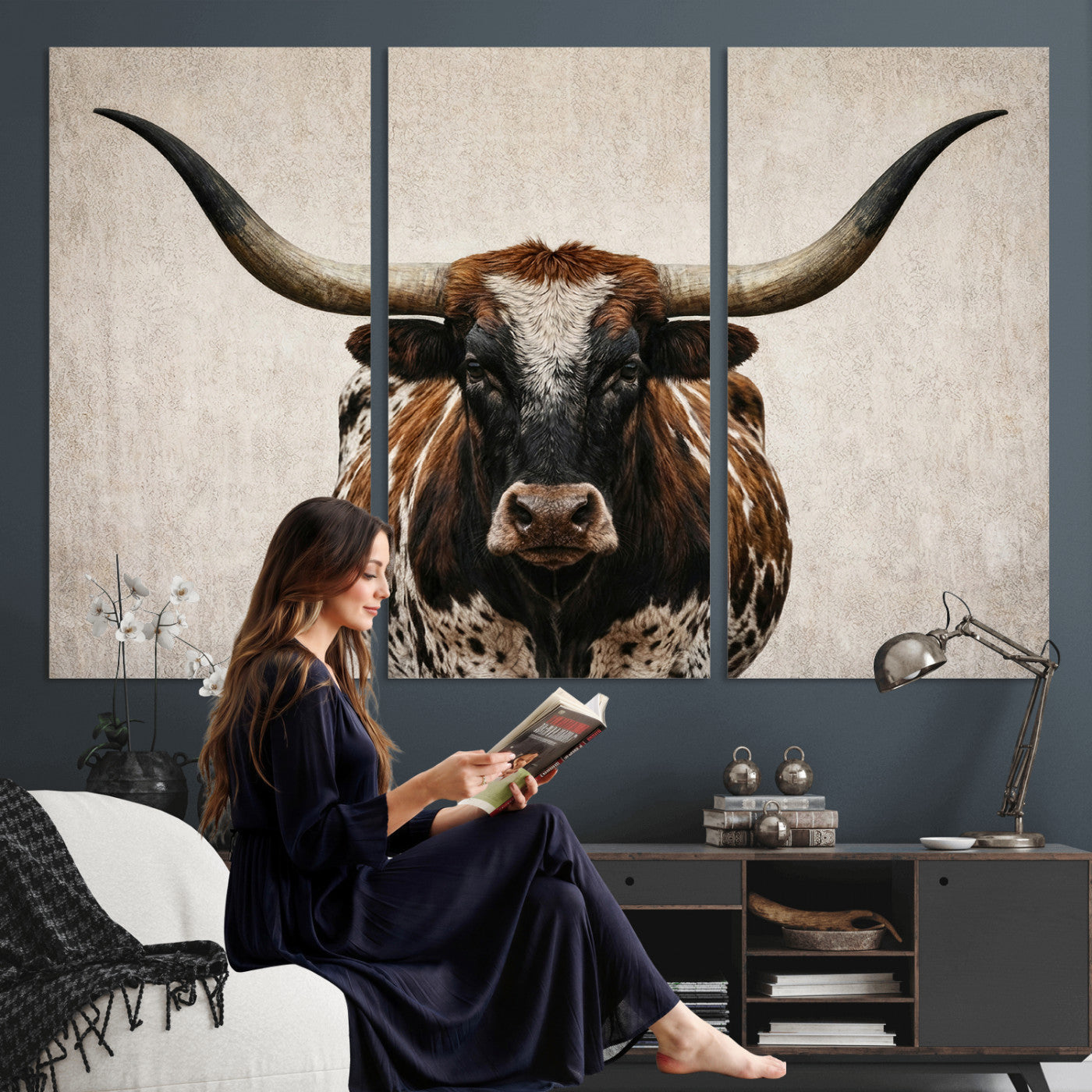 58622065-MGV-CV-36X24 - Texas Longhorn Canvas Wall Art Western Bull Desert Moody Grey Overcast Rustic Farmhouse Framed Large for Living Room Bedroom Office Decor