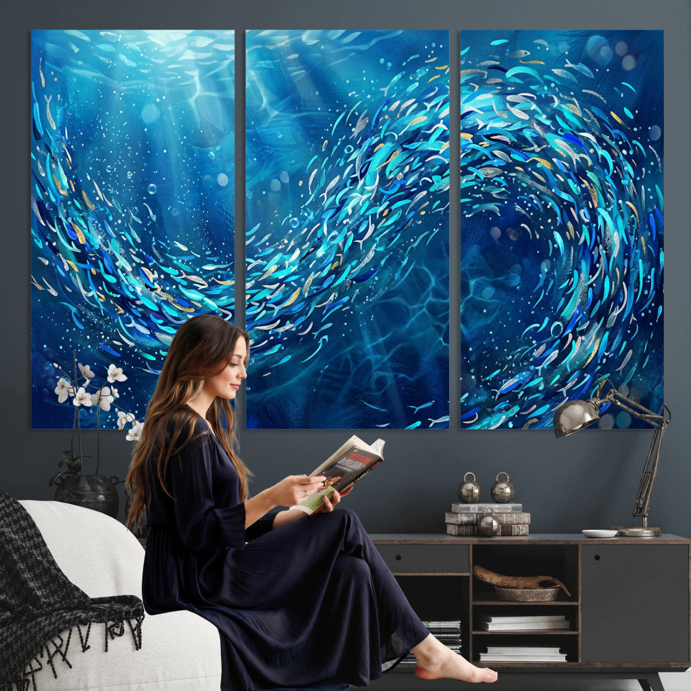 54535639-MGV-CV-36X24 - School of Fish Canvas Print | Blue Ocean Underwater Wall Art | Swirling Fish Shoal Illustration | Marine Navy Coastal Decor