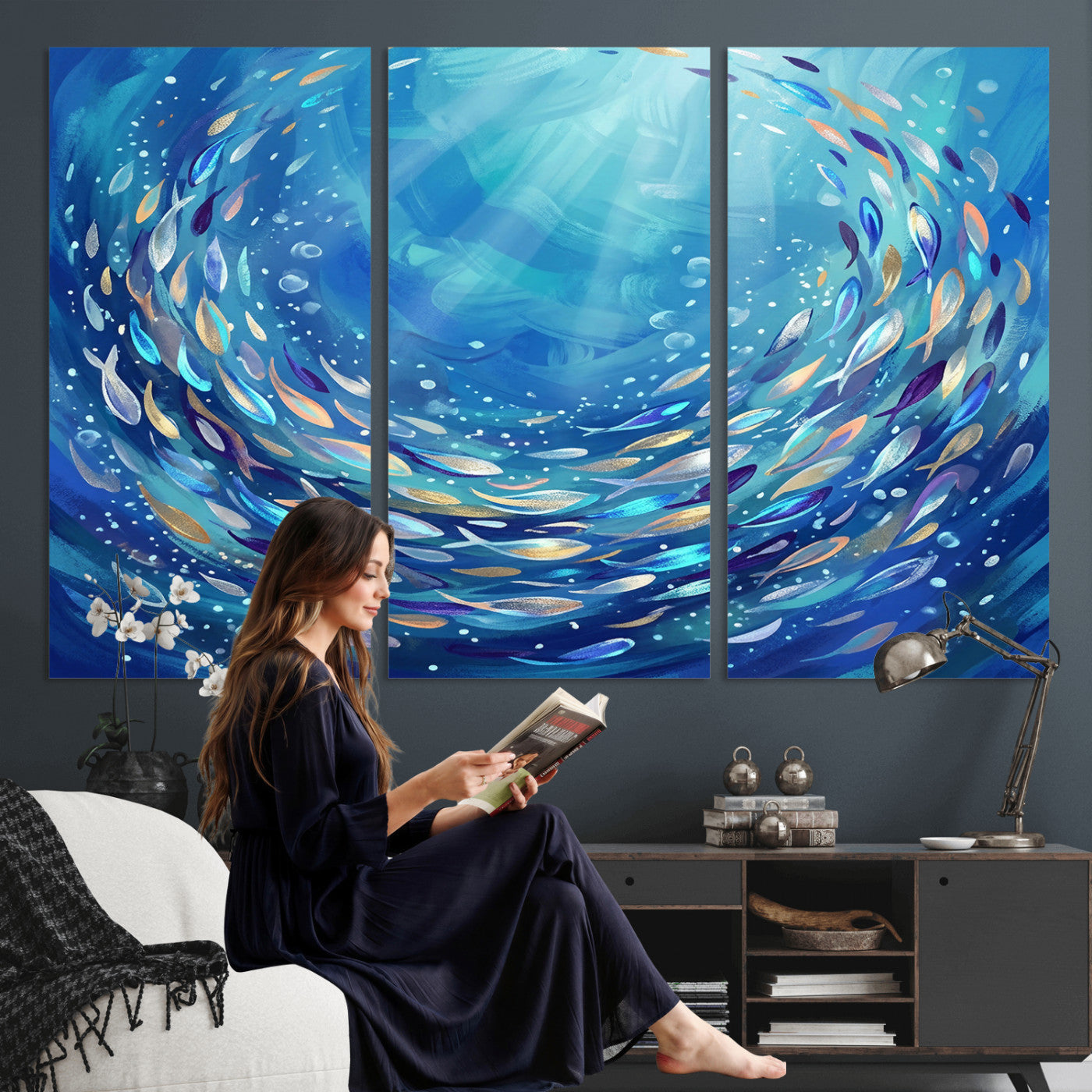 78699899-MGV-CV-36X24 - School of Fish Canvas Print | Blue Ocean Underwater Wall Art | Swirling Fish Shoal Illustration | Marine Navy Coastal Decor