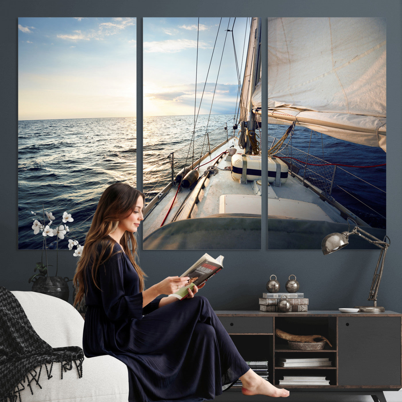 76381335-MGV-CV-36X24 - Sailboat Wall Art Canvas Print, Ocean Sunset Sailing Framed Artwork, Coastal Nautical Seascape Decor for Living Room Office Beach House