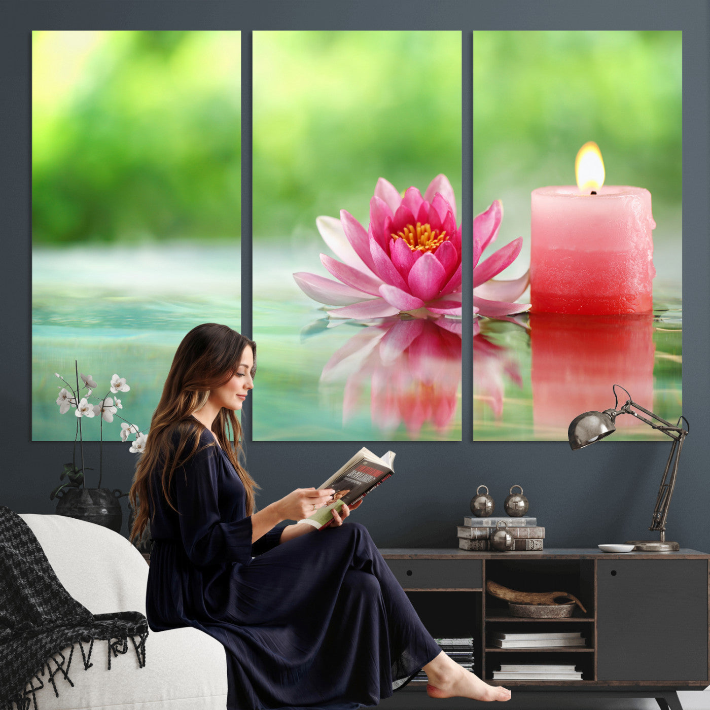 17661715-MGV-CV-36X24 - Zen Lotus Candle Canvas Wall Art Pink Spa Meditation Relaxation Green Bokeh Framed Large for Bathroom Bedroom Living Room Office Decor