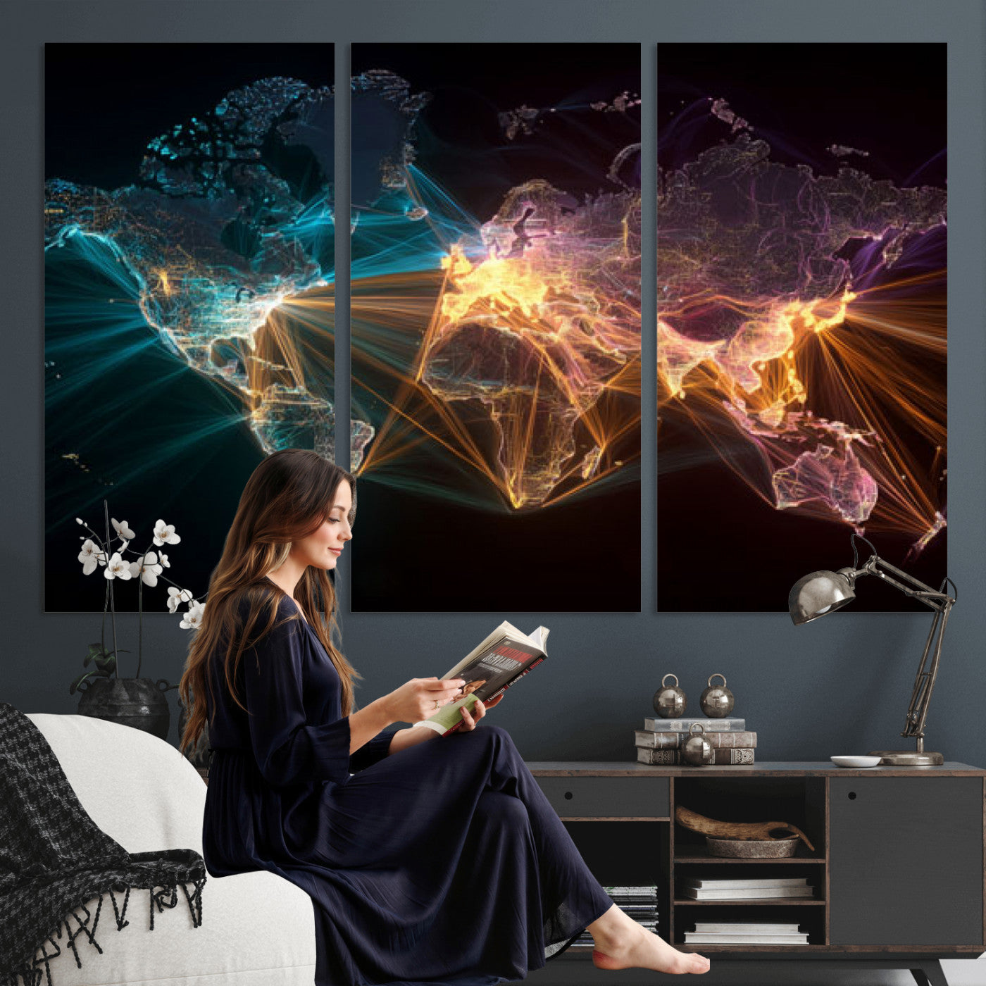 14891737-MGV-CV-36X24 - World Map and Global Flight Routes Map Canvas Wall Art, Worldwide Aviation Network Print, International Air Travel Wall Decor