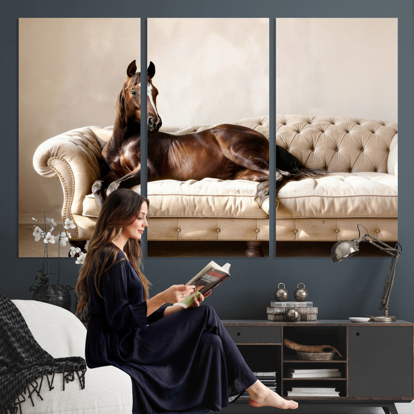 17716841-MGV-CV-36X24 - Funny Horse on Sofa Canvas Wall Art, Quirky Horse Lounging Photo Print, Whimsical Animal Decor, Living Room Conversation Art, Horse Lover Gift