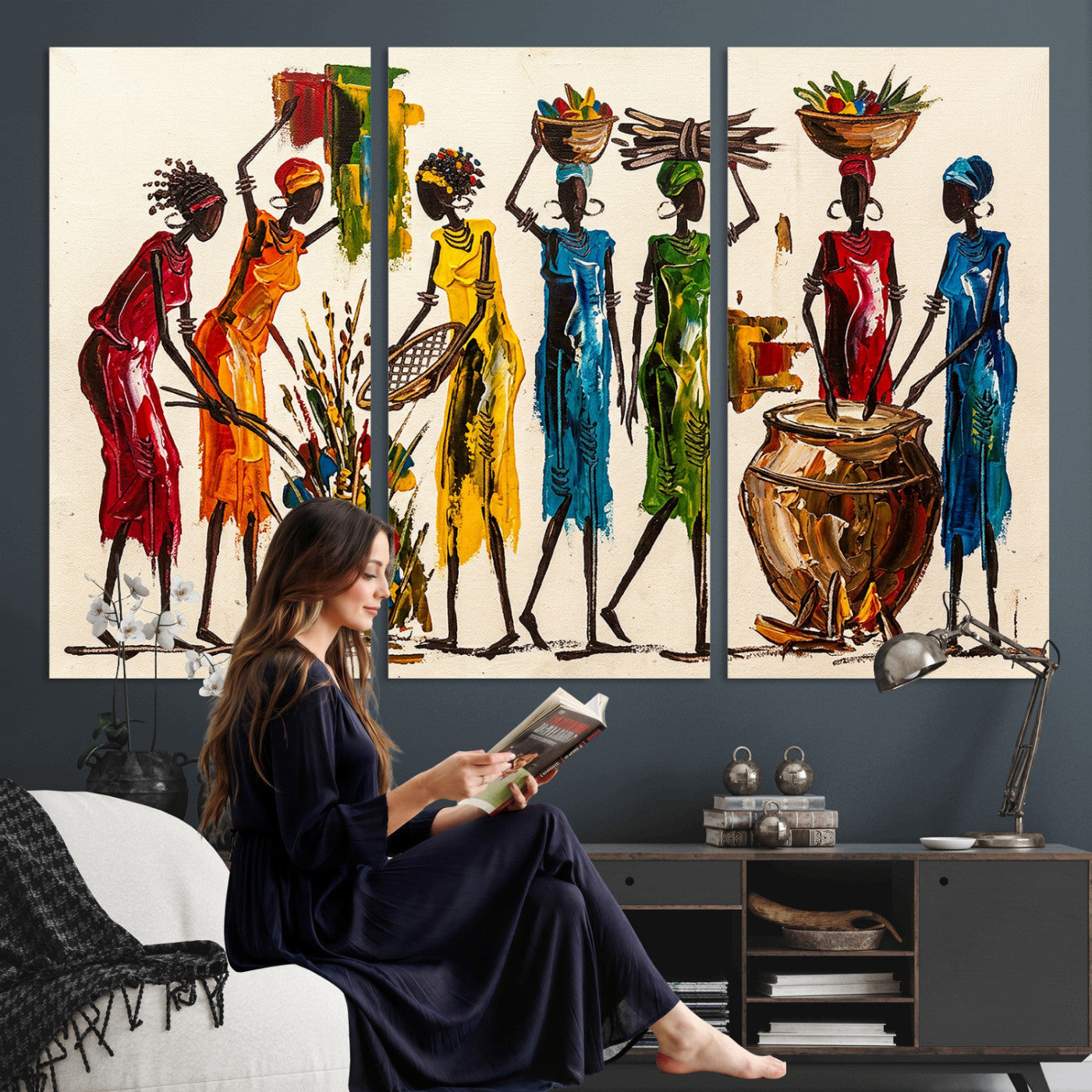 83463154-MGV-CV-36X24 - African Folk Art Canvas Wall Art, Colorful African Women Village Painting Print, Tribal Ethnic Home Decor, Vibrant African Art, Living Room
