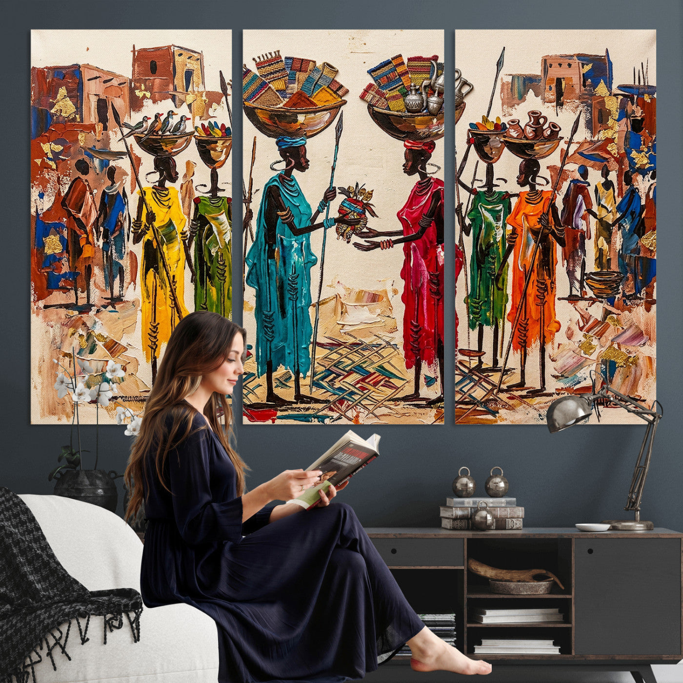 54818657-MGV-CV-36X24 - African Folk Art Canvas Wall Art, Colorful African Women Village Painting Print, Tribal Ethnic Home Decor, Vibrant African Art, Living Room