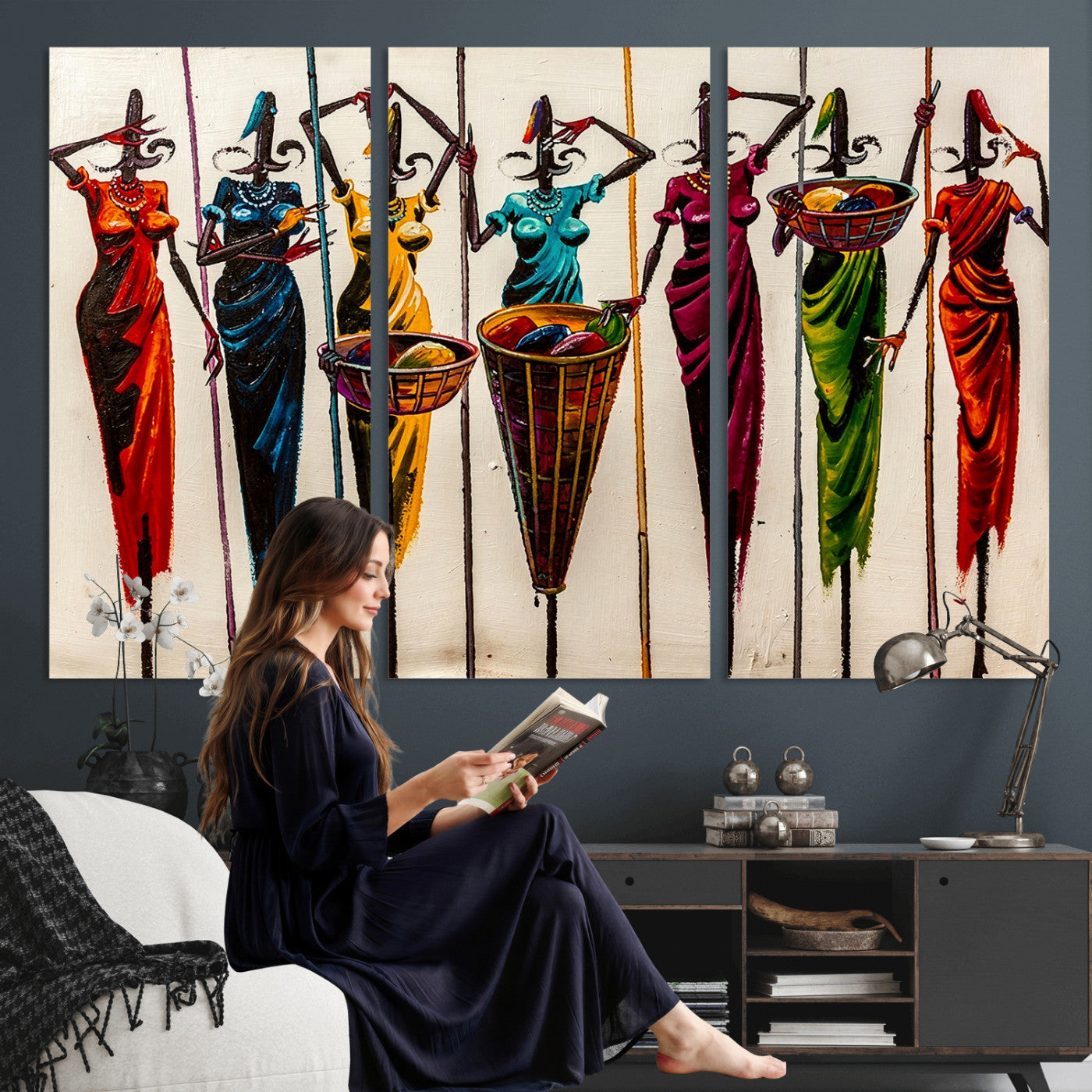 53545627-MGV-CV-36X24 - African Folk Art Canvas Wall Art, Colorful African Women Village Painting Print, Tribal Ethnic Home Decor, Vibrant African Art, Living Room