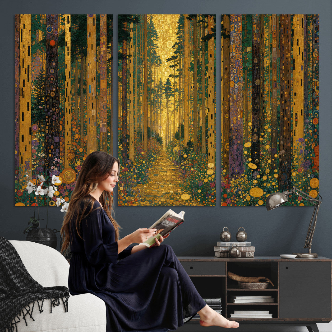 79483321G-MGV-CV-48X32-3P - Gustav Klimt Style Forest Canvas Wall Art, Golden Forest Path Floral Art Nouveau Print, Enchanted Woodland Decor