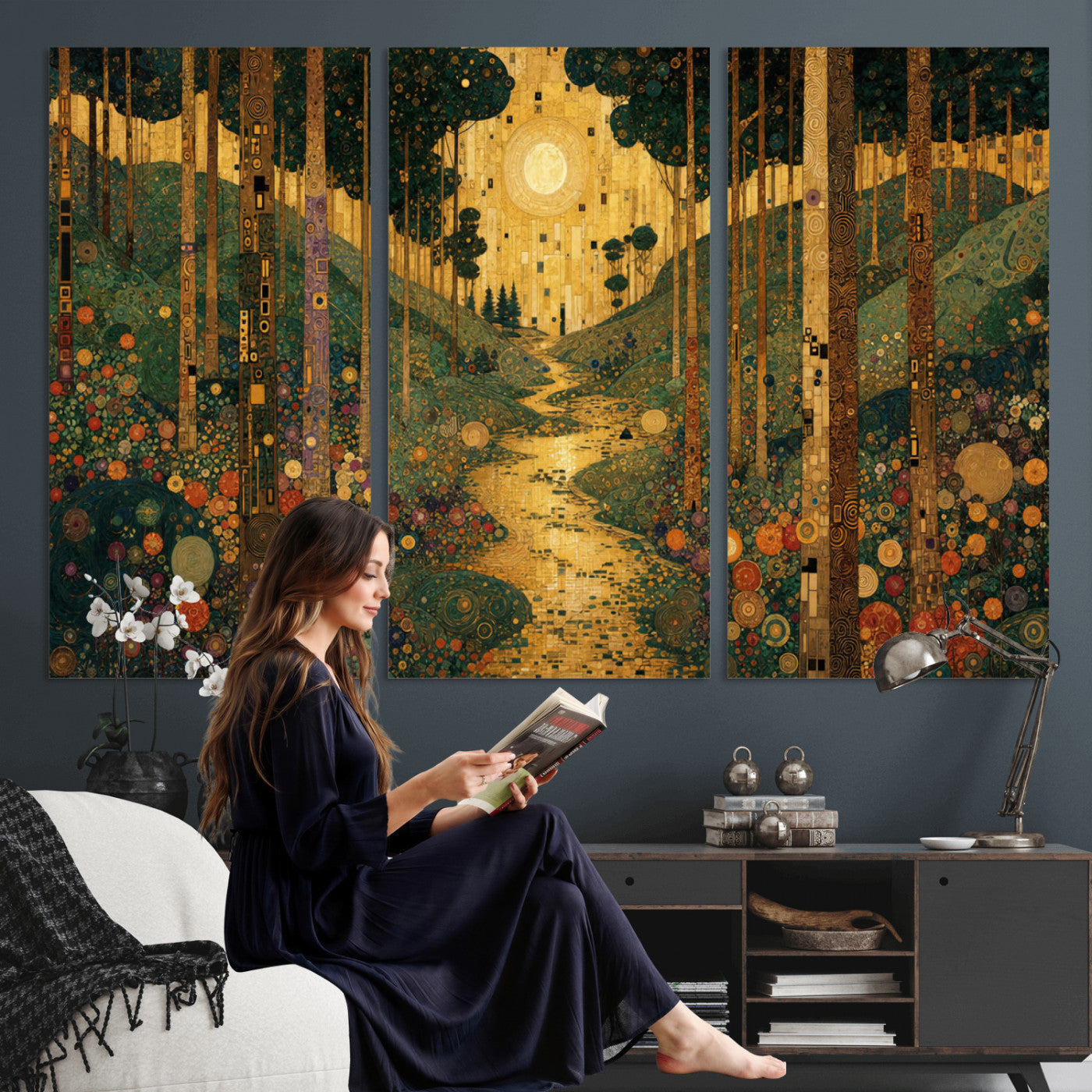 79483321GS-MGV-CV-48X32-3P - Gustav Klimt Style Forest Canvas Wall Art, Golden Forest Path Floral Art Nouveau Print, Enchanted Woodland Decor