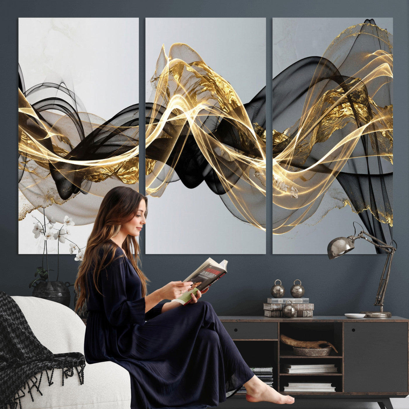79483321DL-MGV-CV-36X24 - Black and Gold Abstract Wall Art, Modern Wave Canvas Print, Elegant Flowing Smoke Art, Luxury Living Room Decor