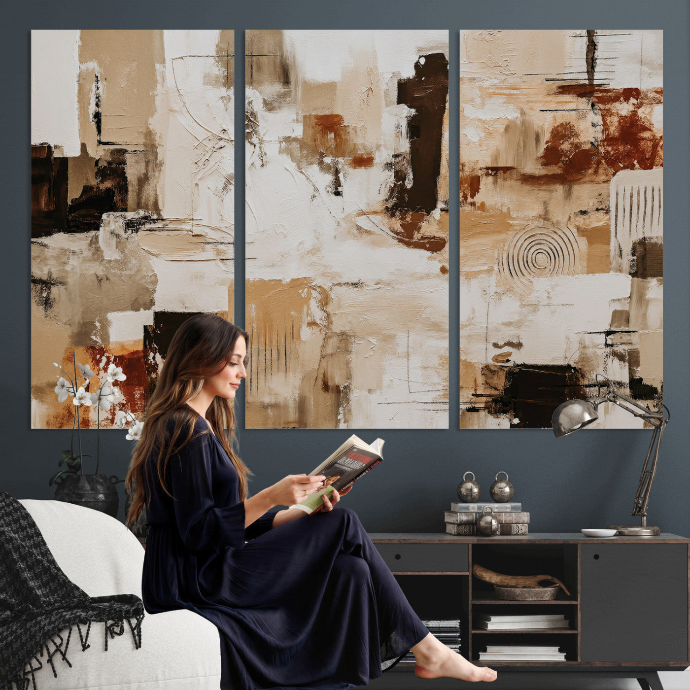 26560159-MGV-CV-36X24 - Blue Teal Abstract Canvas Wall Art, Modern Textured Painting Print, Navy Orange White Contemporary Art, Neutral Living Room Decor, Office Art