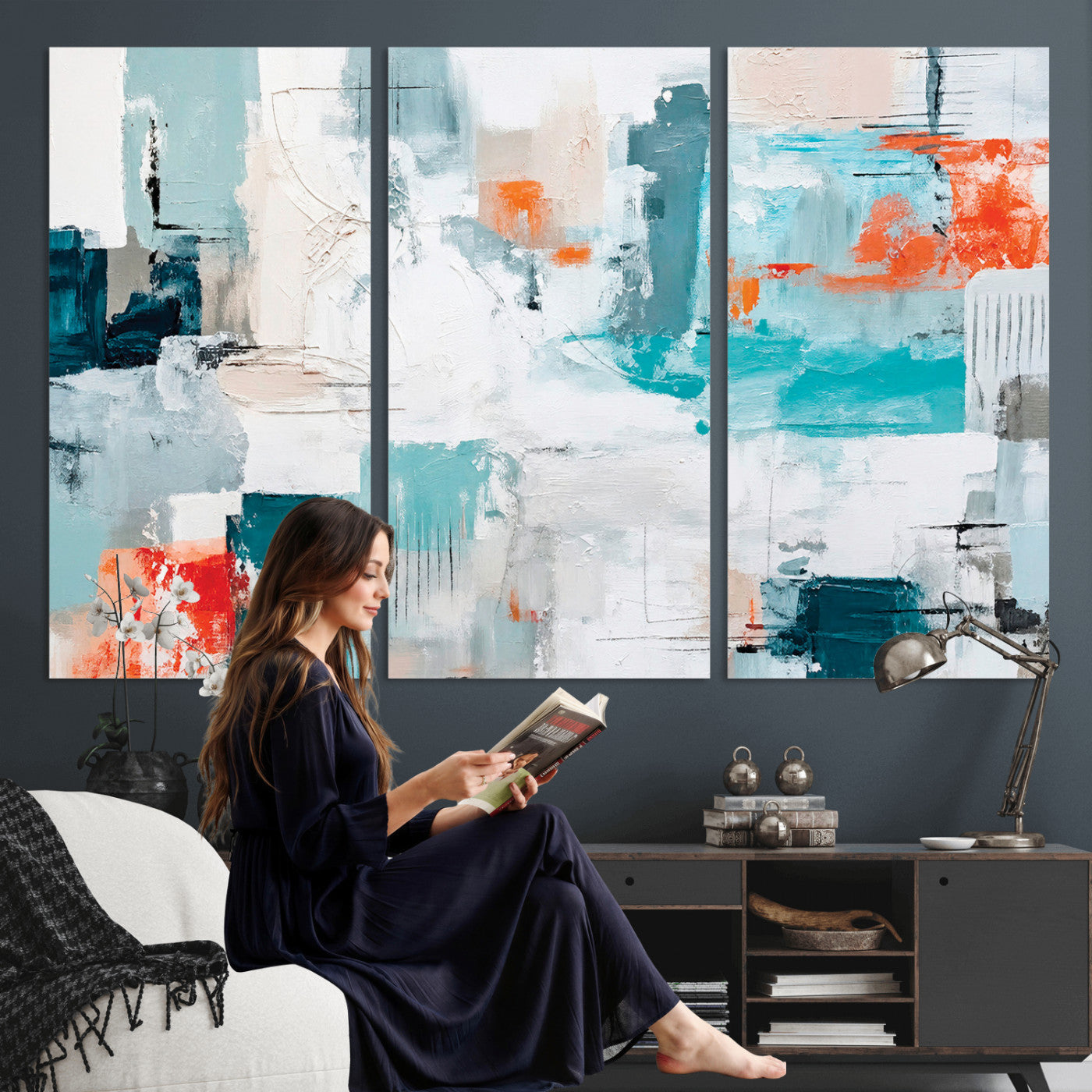 98638479-MGV-CV-36X24 - Blue Teal Abstract Canvas Wall Art | Modern Textured Painting Print, Navy Orange White Contemporary Art, Neutral Living Room Decor, Office Art