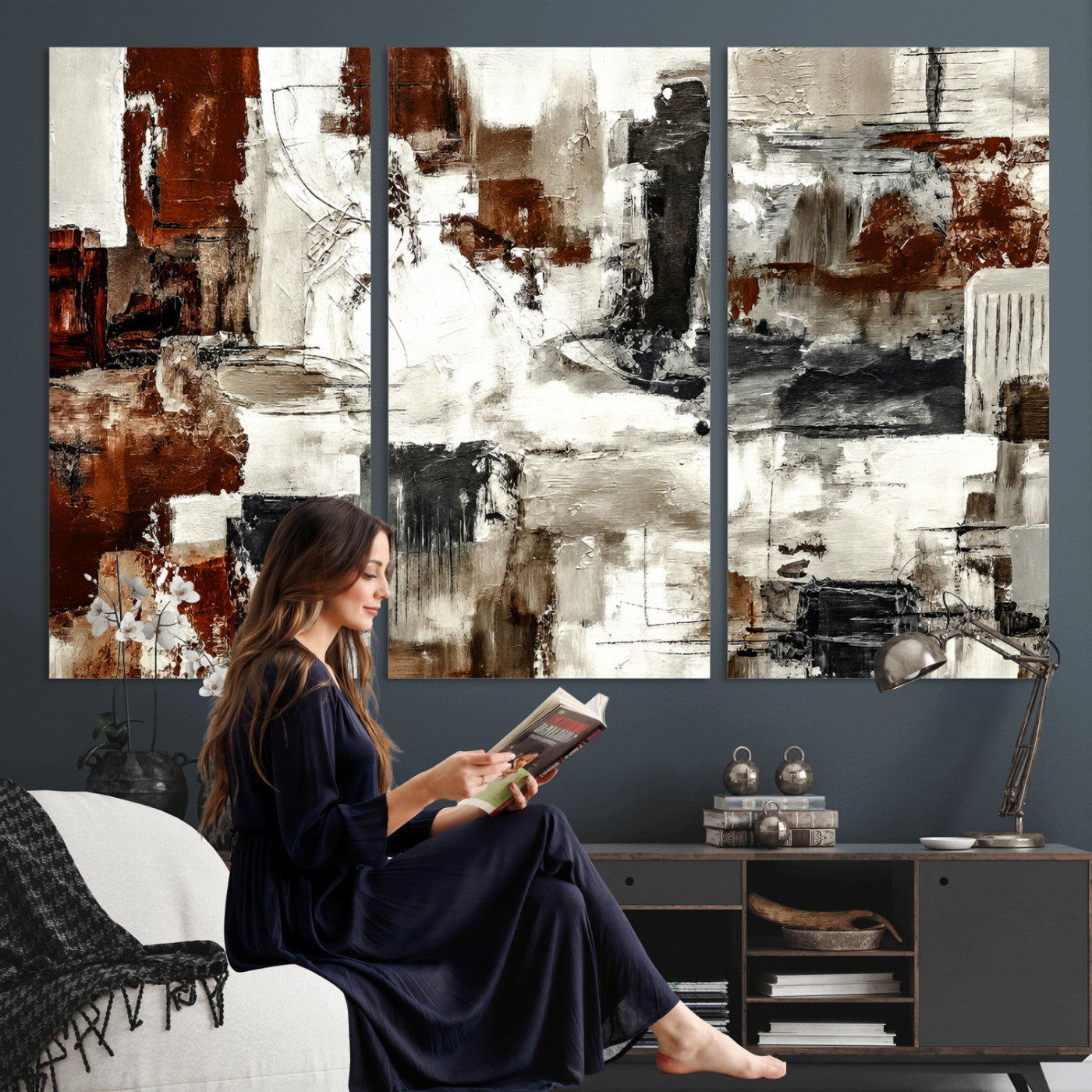 53022468-MGV-CV-36X24 - Blue Teal Abstract Canvas Wall Art, Modern Textured Painting Print, Navy Orange White Contemporary Art, Neutral Living Room Decor, Office Art