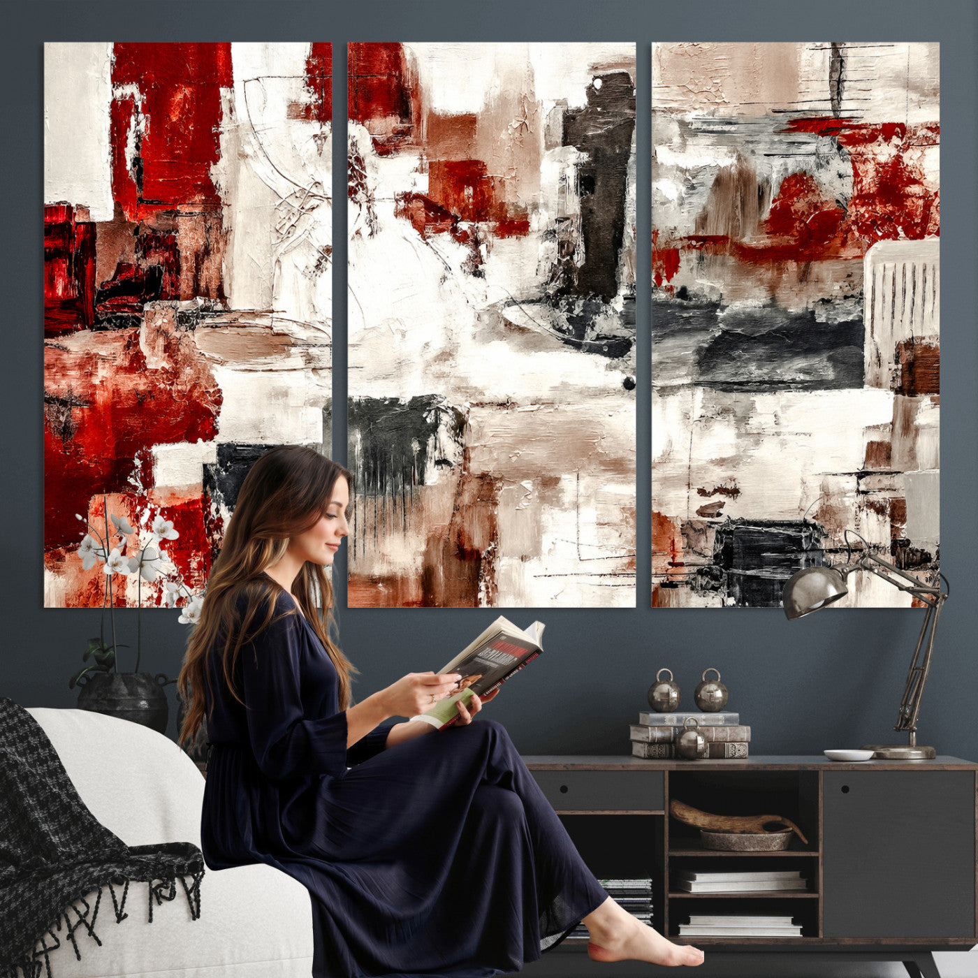 53022468-MGV-CV-36X24 - Blue Teal Abstract Canvas Wall Art, Modern Textured Painting Print, Navy Orange White Contemporary Art, Neutral Living Room Decor, Office Art