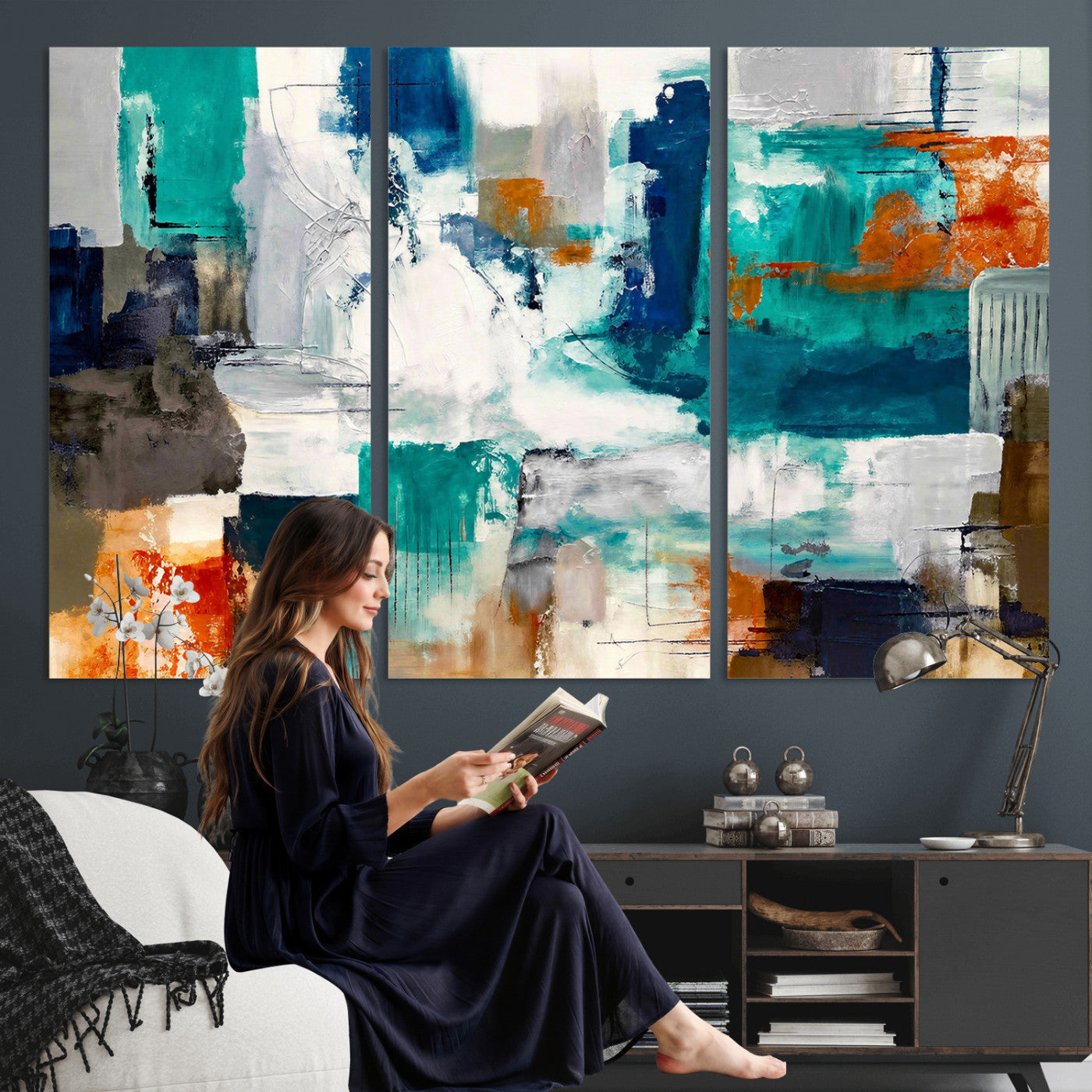 44038089-MGV-CV-36X24 - Blue Teal Abstract Canvas Wall Art, Modern Textured Painting Print, Navy Orange White Contemporary Art, Neutral Living Room Decor, Office Art