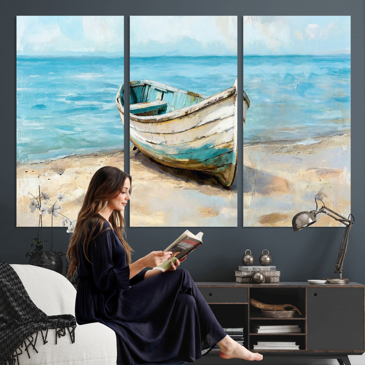 14780565-MGV-CV-36X24 - Coastal Boat Canvas Wall Art Print, Beach Boat Painting, Nautical Ocean Decor, Seascape Wall Art, Ready to Hang