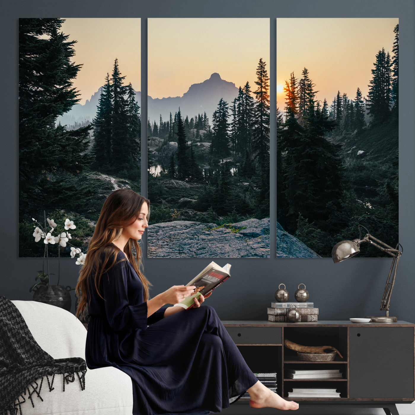 89996020-MGV-CV-36X24 - Mountain Forest Canvas Wall Art Print - Pine Tree Landscape, Sunset Nature Photography, Wilderness Wall Decor, Ready to Hang