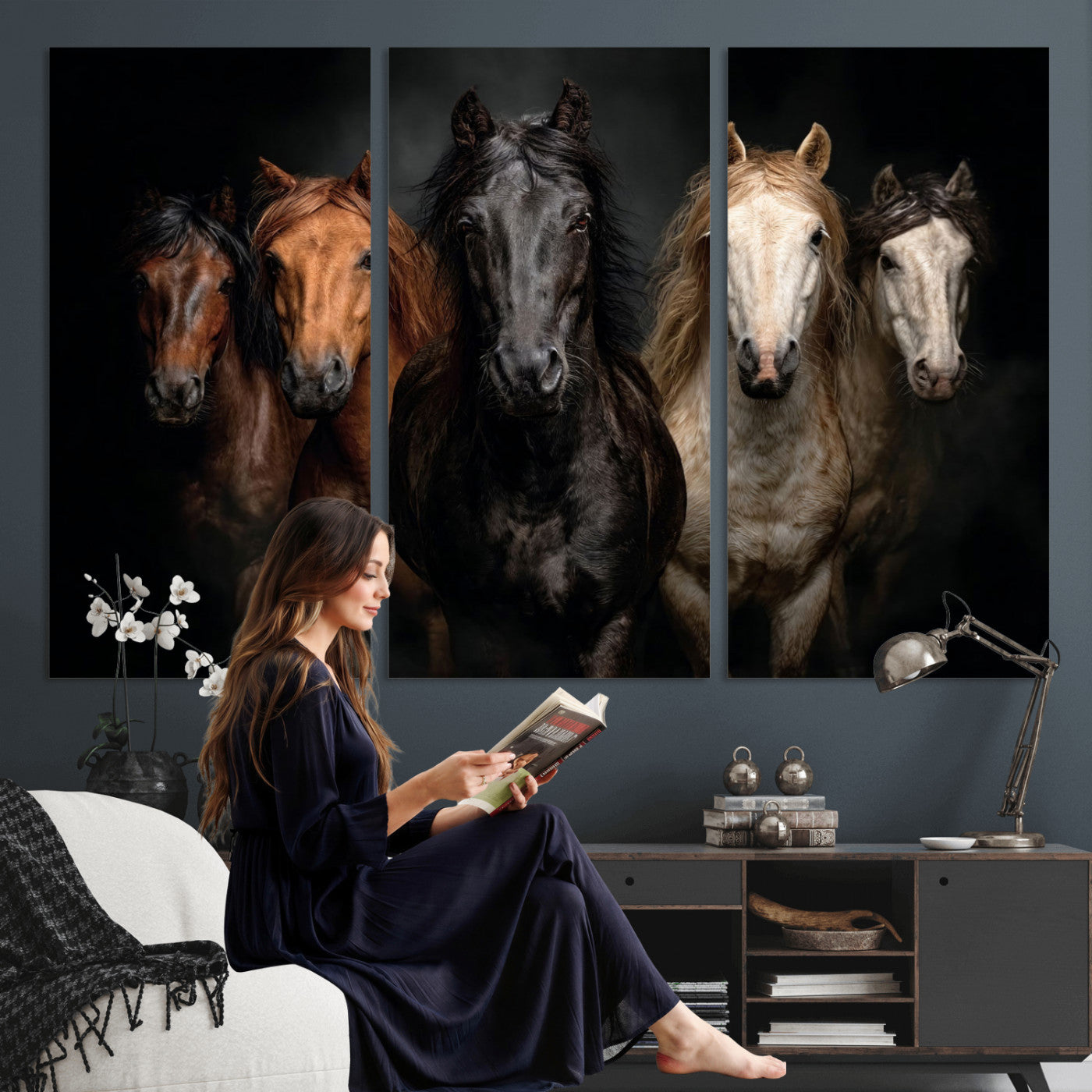 77696206-MGV-CV-36X24 - Horse Wall Art Canvas Print | Wild Horses Portrait Photography, Animal Horse Decor, Black Brown White Horse Herd