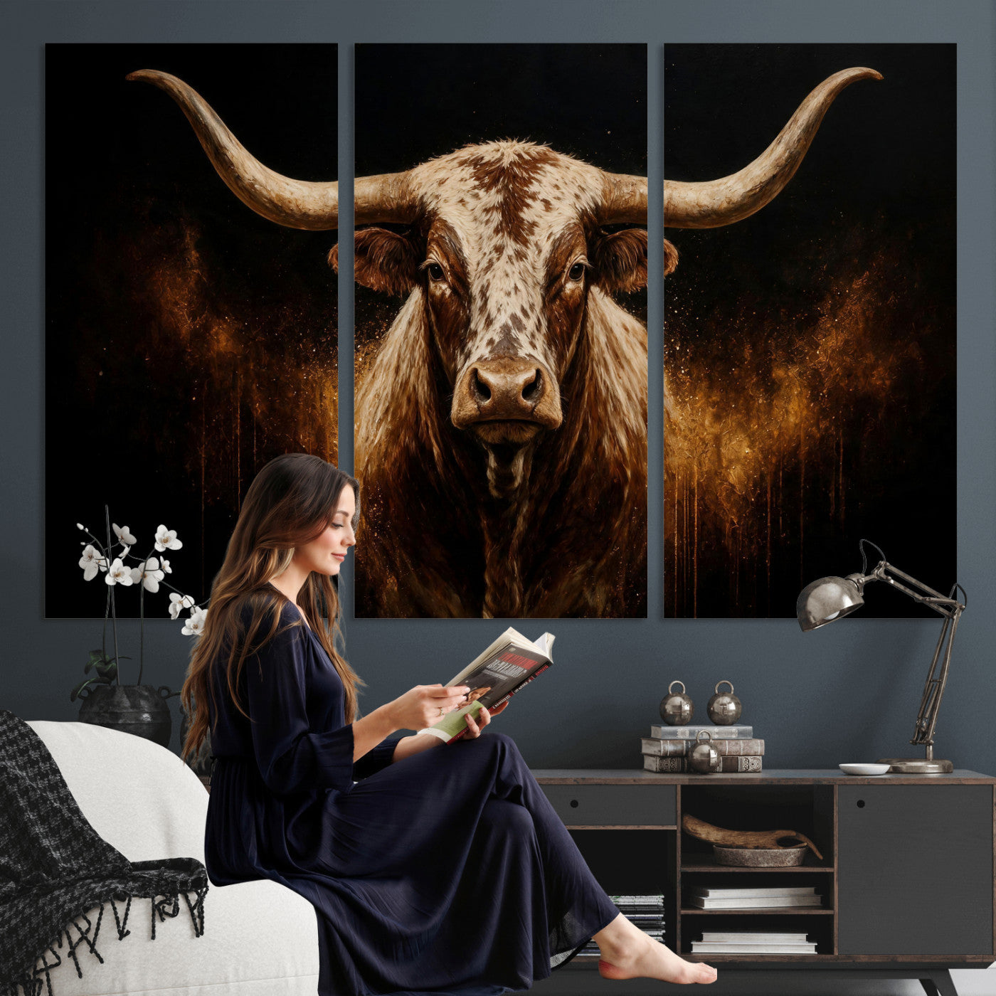 62076449-MGV-CV-48X32-3P - Texas Bull Cow Longhorn Canvas Wall Art Moody Western Bull Oil Painting Print