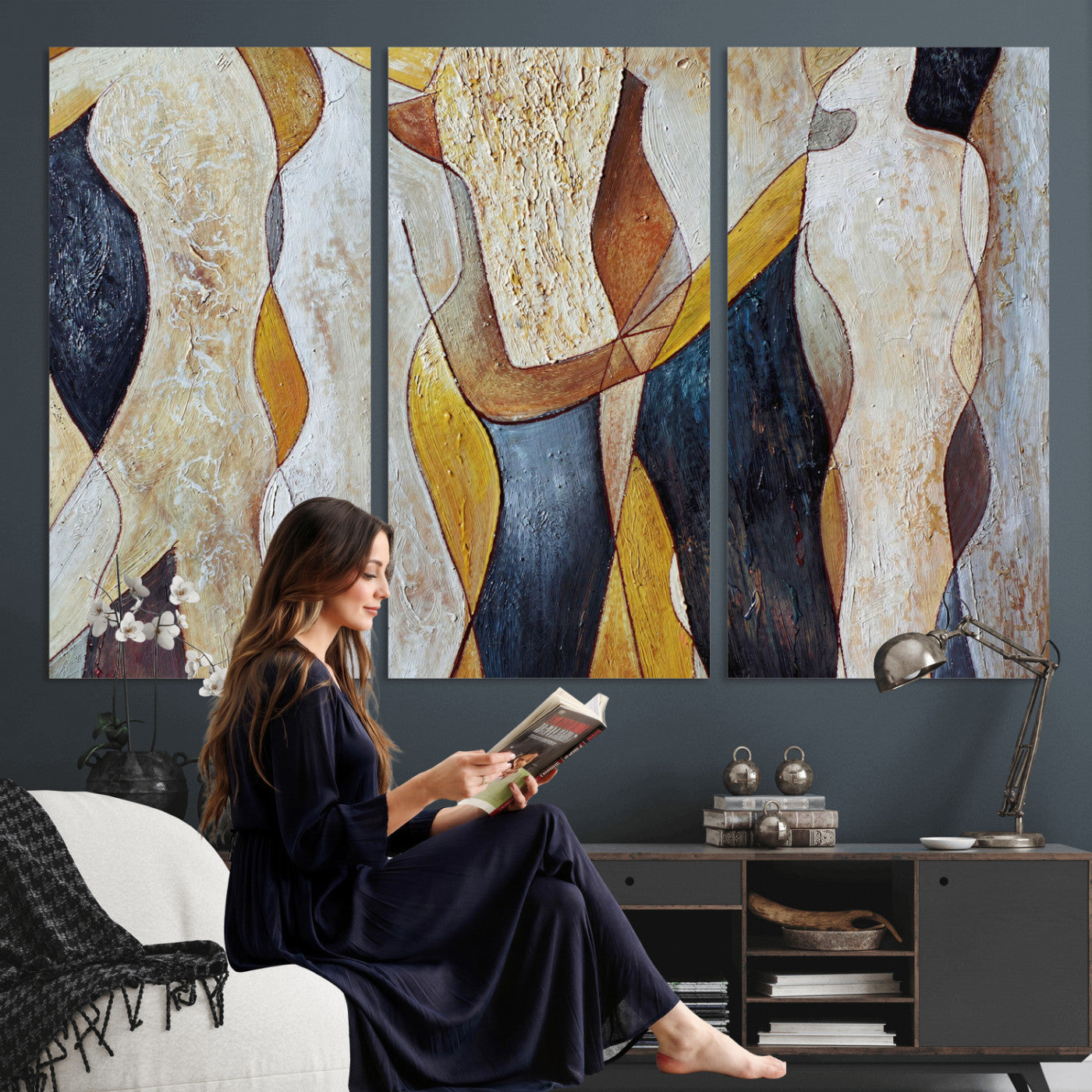 96079939-MGV-CV-36X24 - Mid Century Modern Figurative Canvas Wall Art Abstract Cubist Painting Print