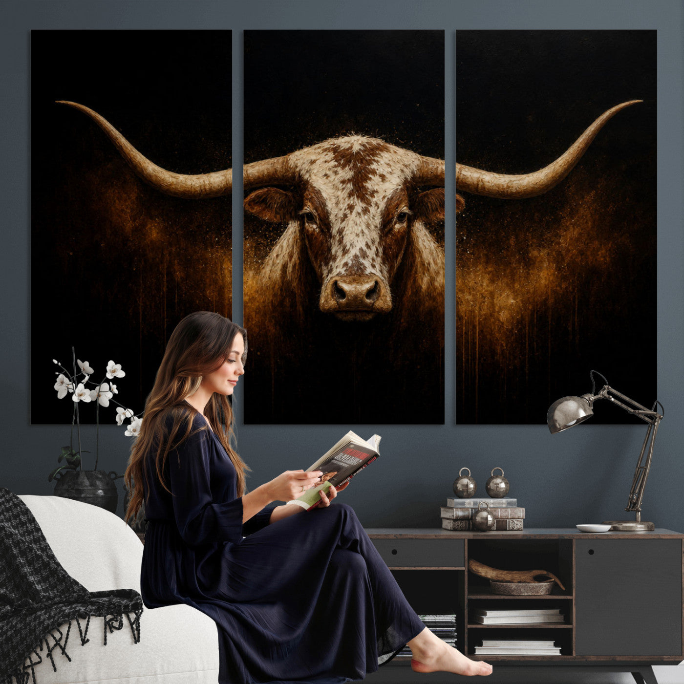 12628958-MGV-CV-36X24 - Texas Longhorn Canvas Wall Art Moody Western Bull Oil Painting Print